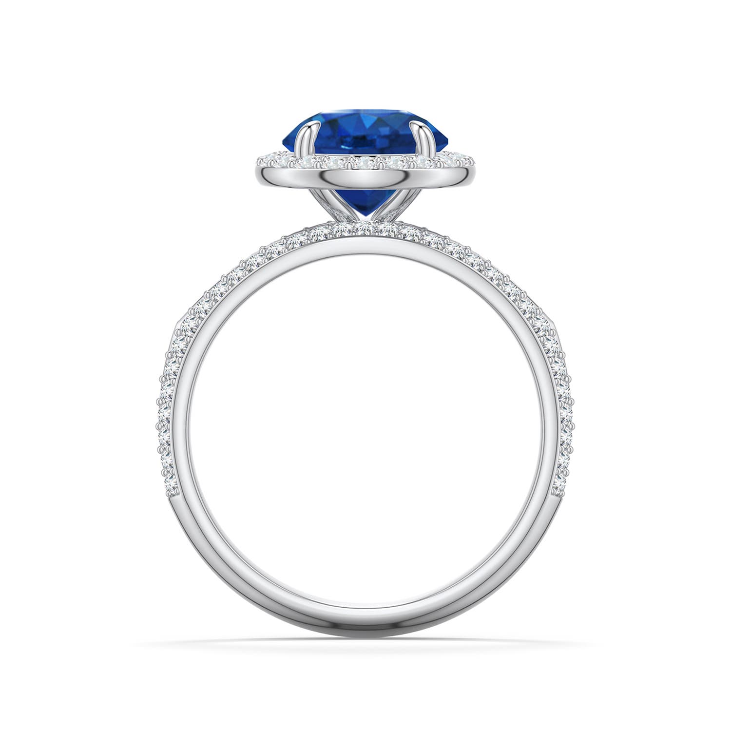 8mm AAA Round Blue Sapphire Halo Engagement Ring with Accents in White Gold - side 1 - side 2