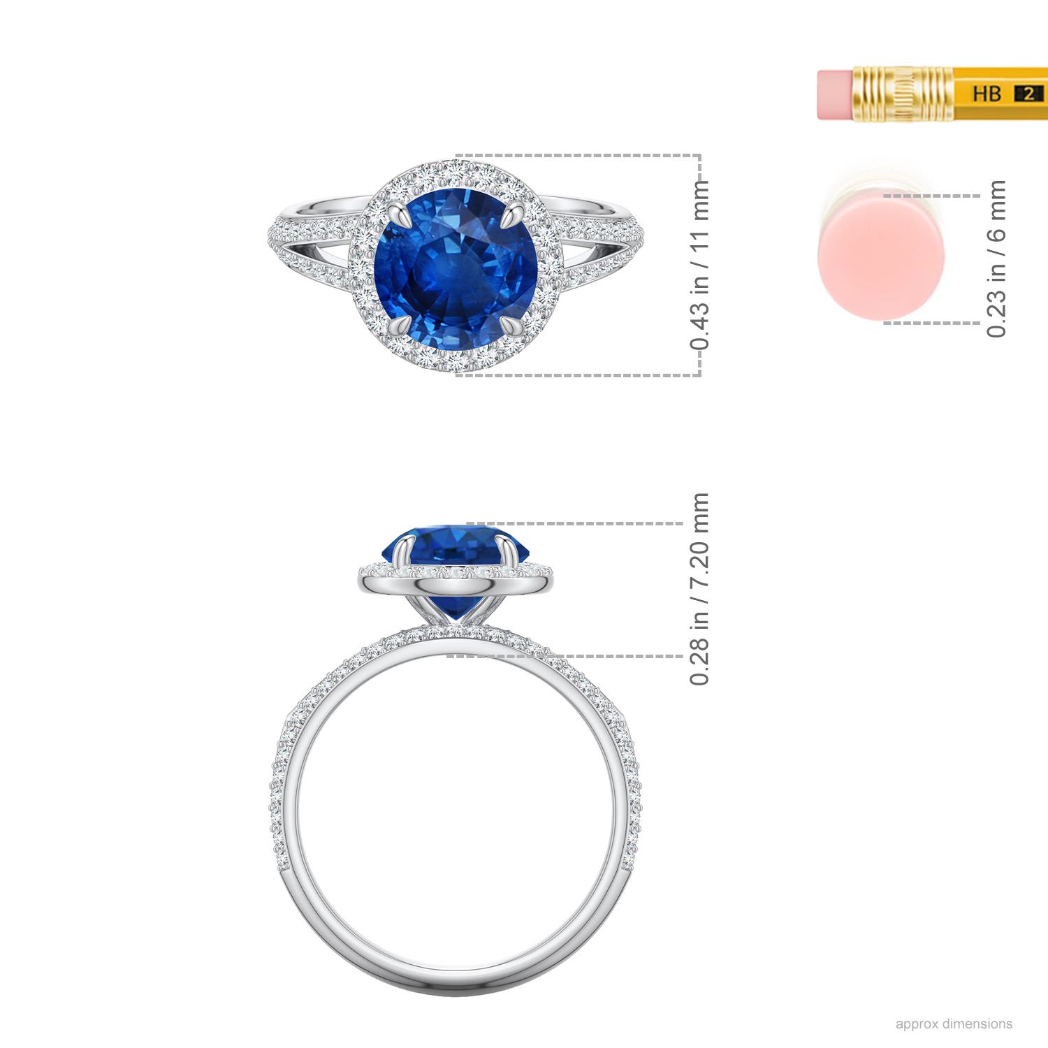 8mm AAA Round Blue Sapphire Halo Engagement Ring with Accents in White Gold - ruler - ruler