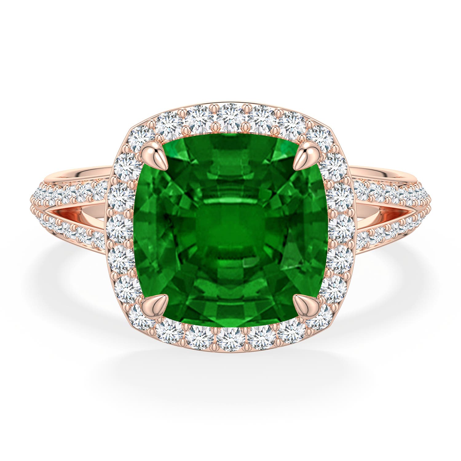 Angara 3.69 CTW Cushion Emerald Halo Engagement Ring with Accents in 14K Rose Gold