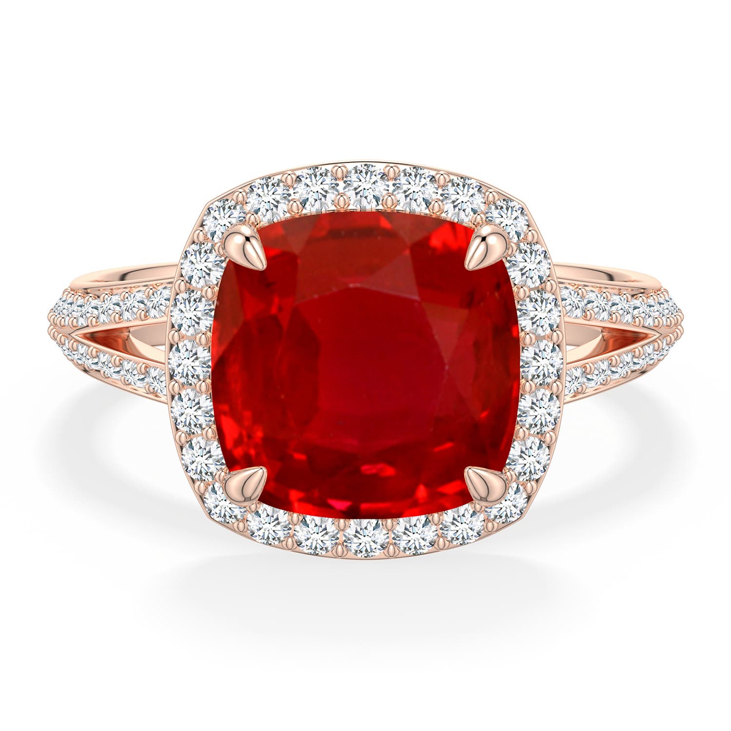 Angara 4.49 CTW Cushion Ruby Halo Engagement Ring with Accents in 18K Rose Gold