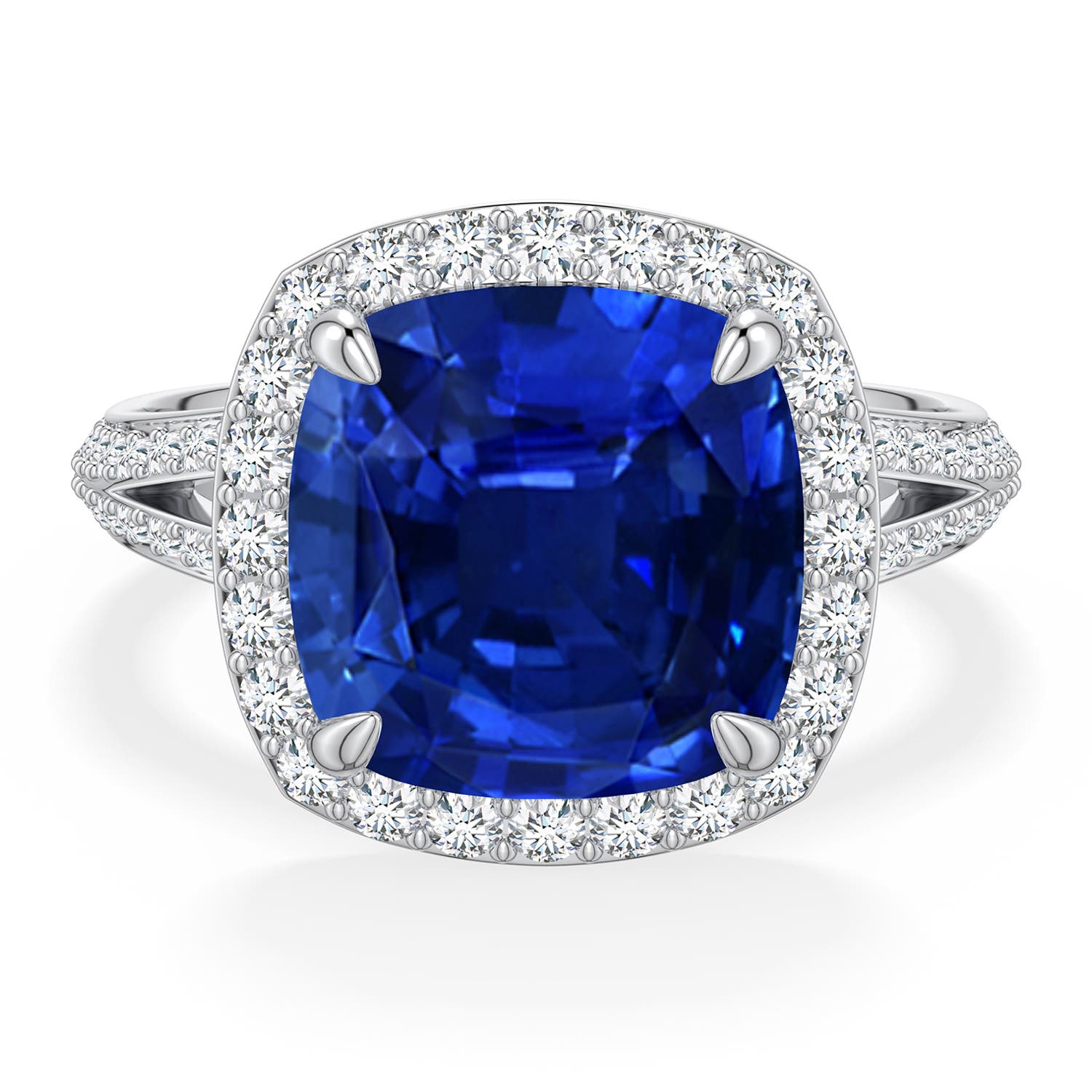 Angara 6.29 CTW Cushion Blue Sapphire Halo Engagement Ring with Accents in Platinum