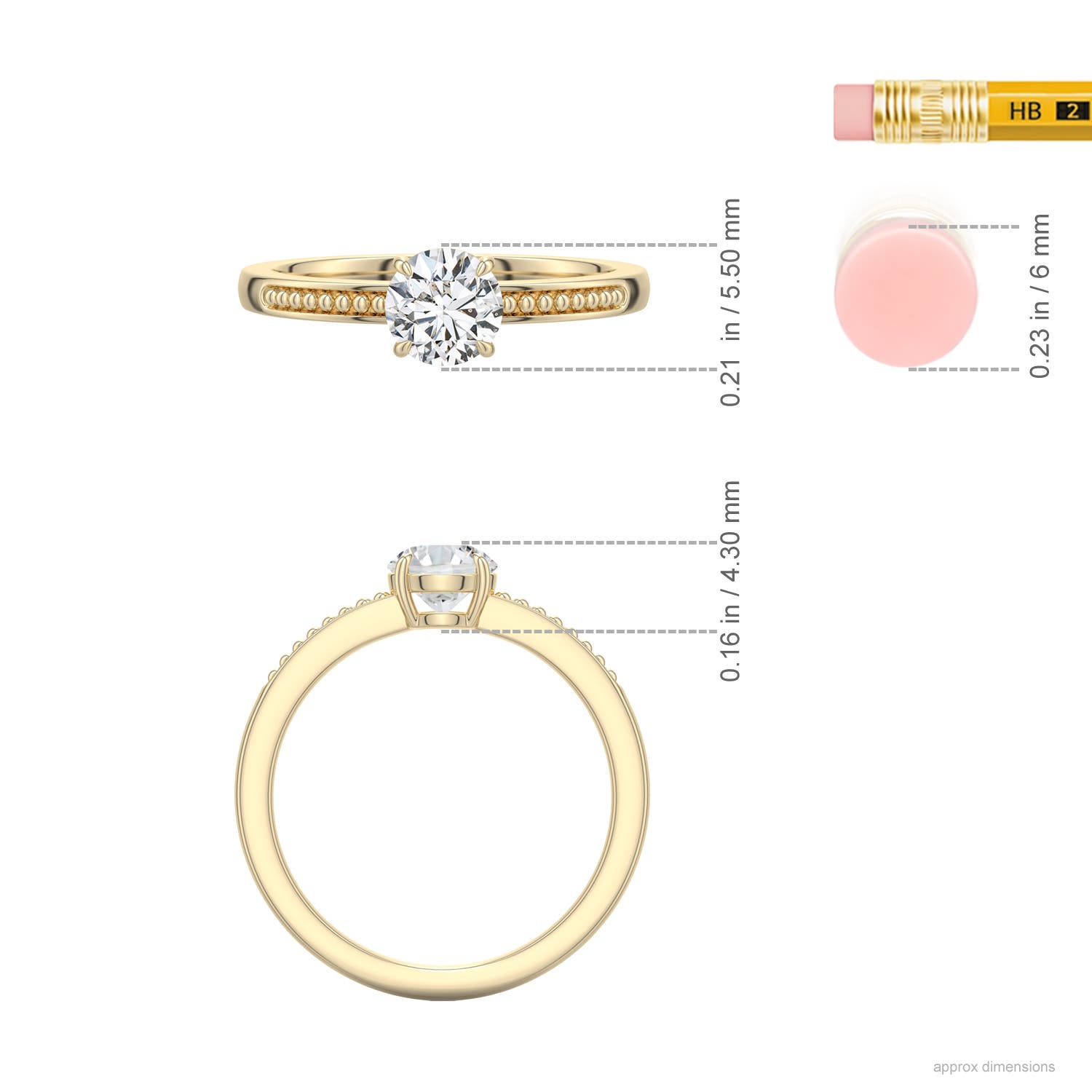 5.5mm HSI2 Round Diamond Milgrain Shank Engagement Ring in Yellow Gold - ruler - ruler