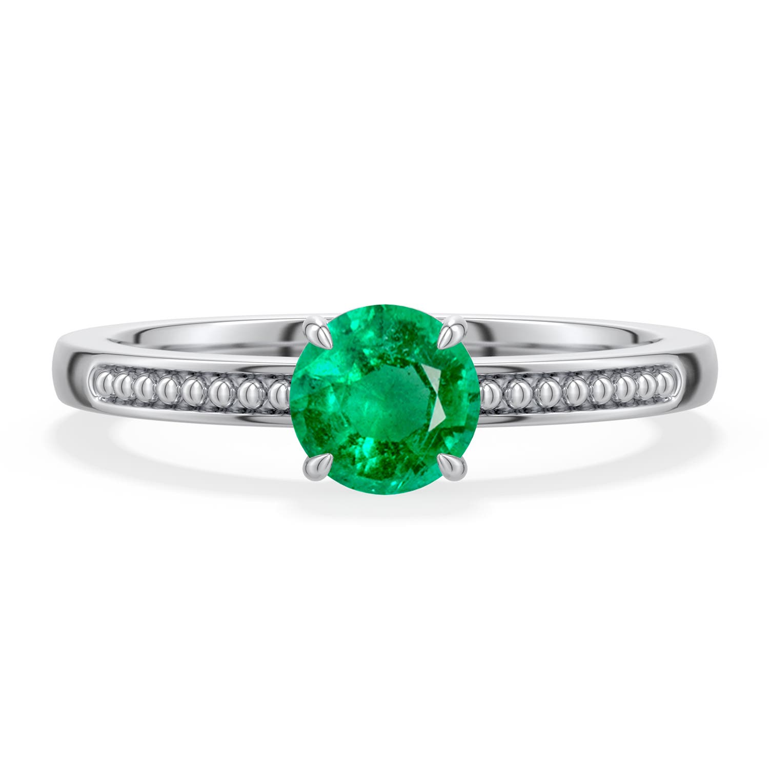 5.5mm AAA Round Emerald Milgrain Shank Engagement Ring in White Gold - main