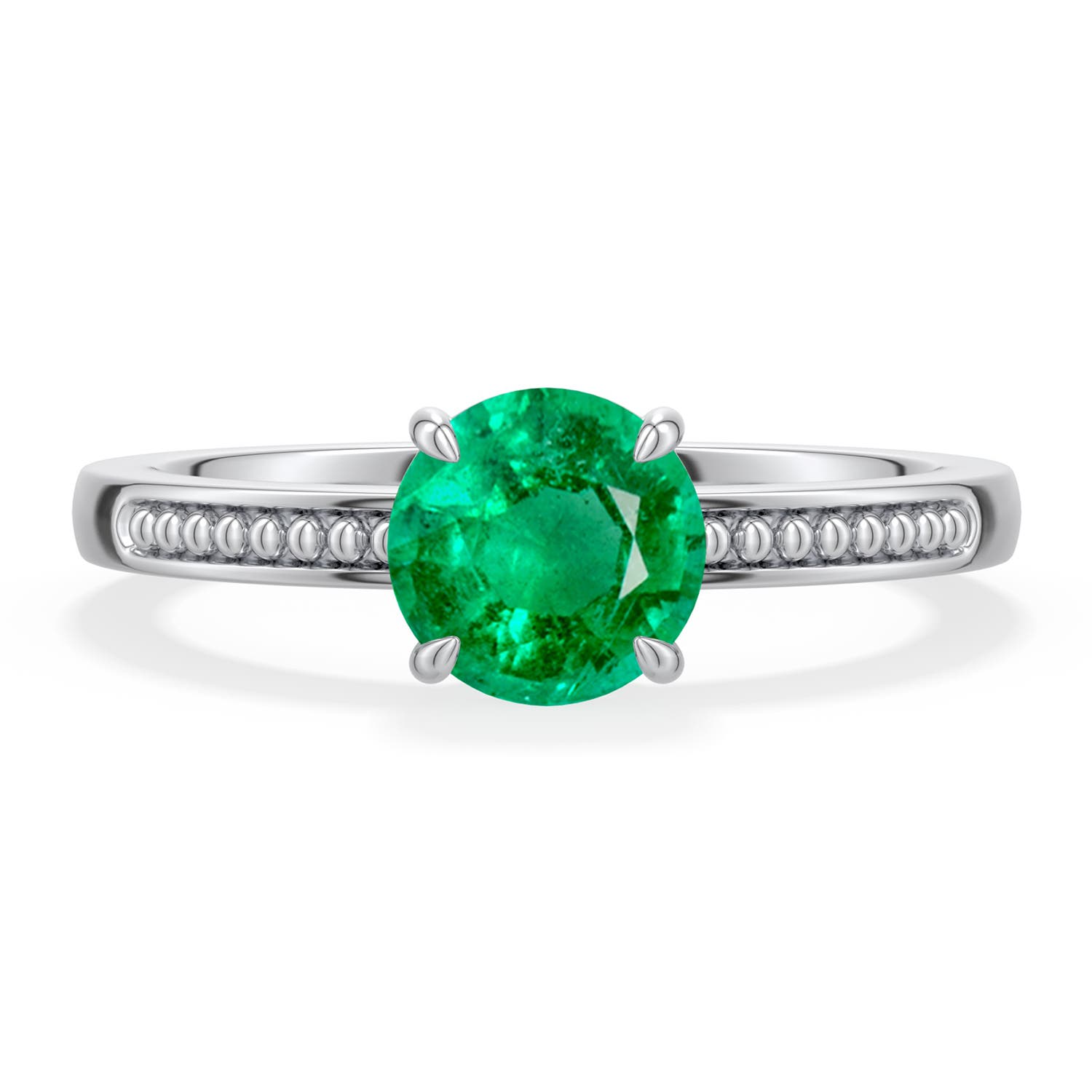6.5mm AAA Round Emerald Milgrain Shank Engagement Ring in White Gold - main