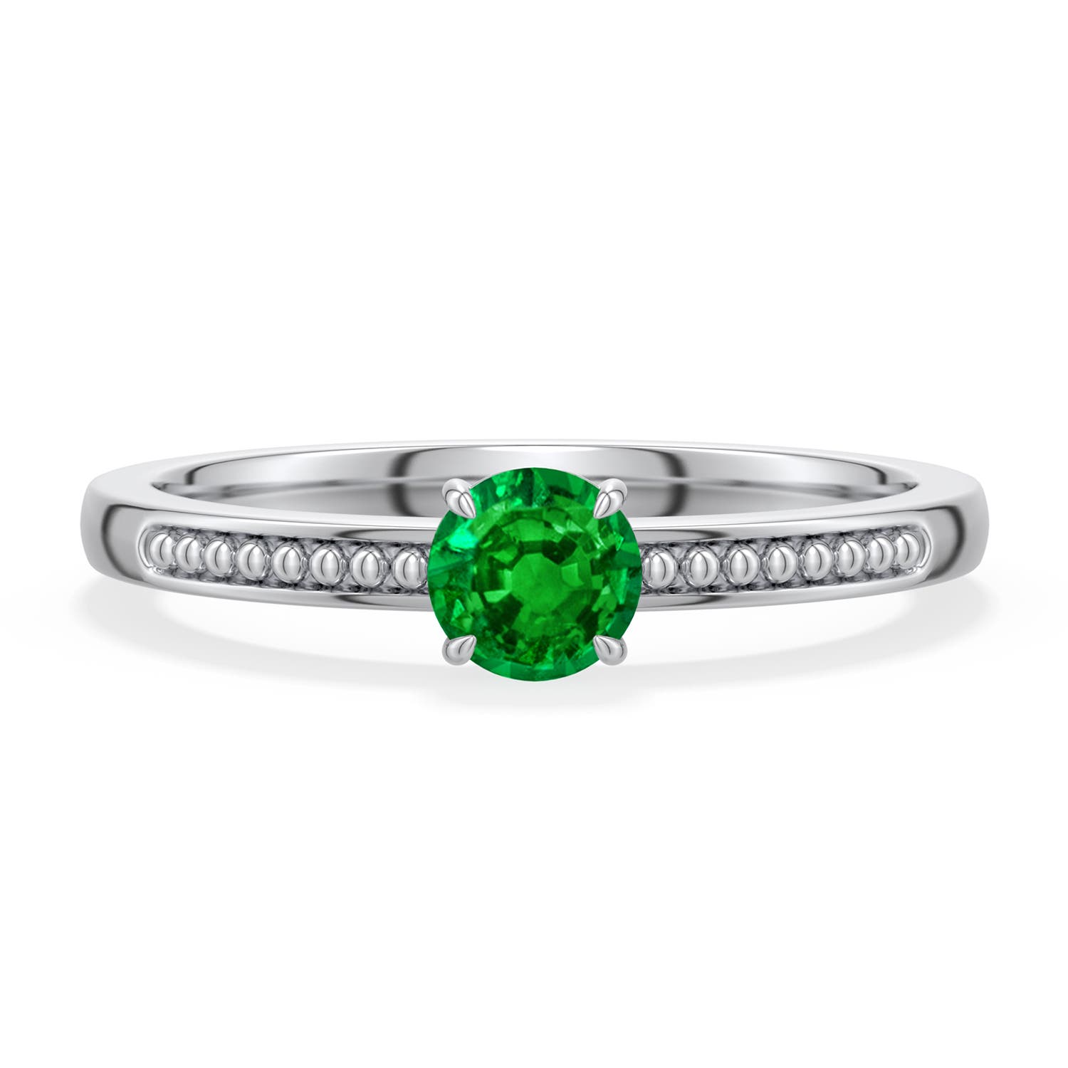 4.5mm AAAA Round Emerald Milgrain Shank Engagement Ring in White Gold - main