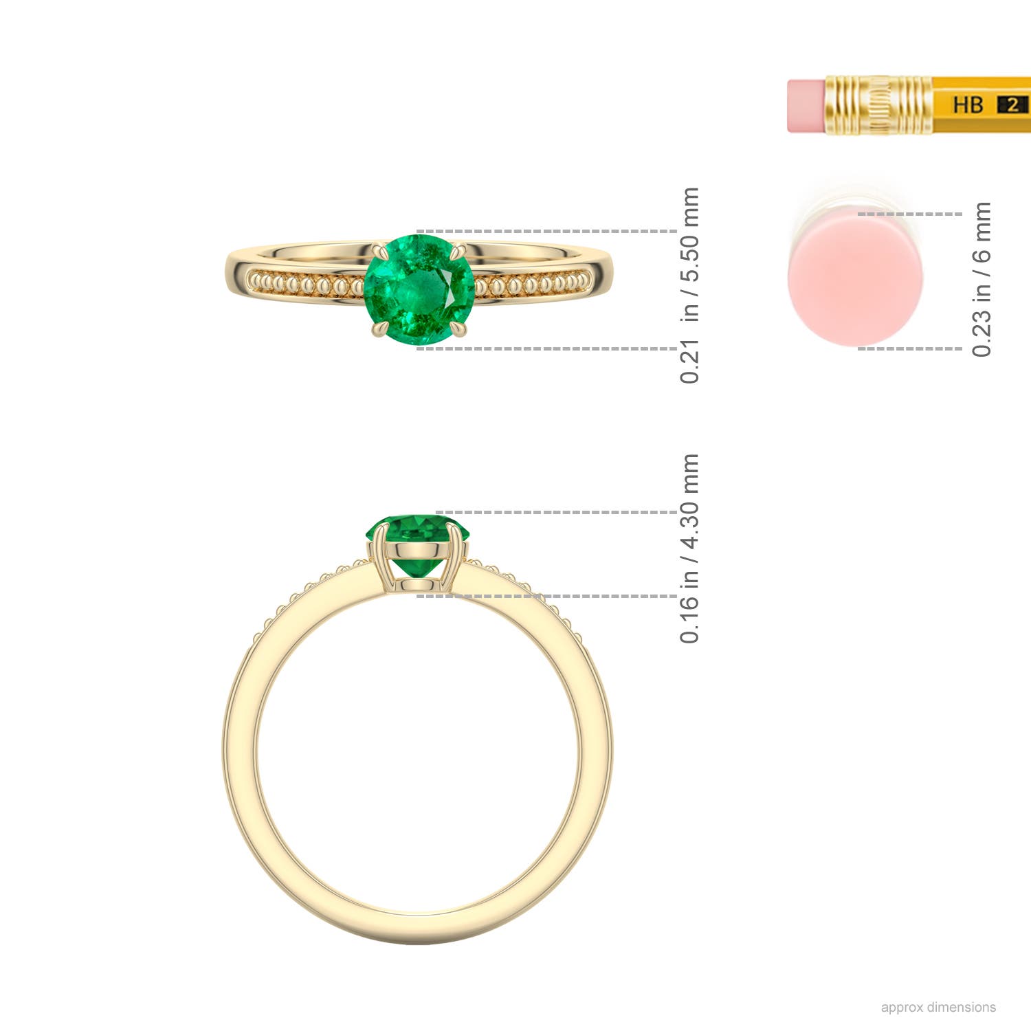 5.5mm AAA Round Emerald Milgrain Shank Engagement Ring in Yellow Gold - ruler - ruler