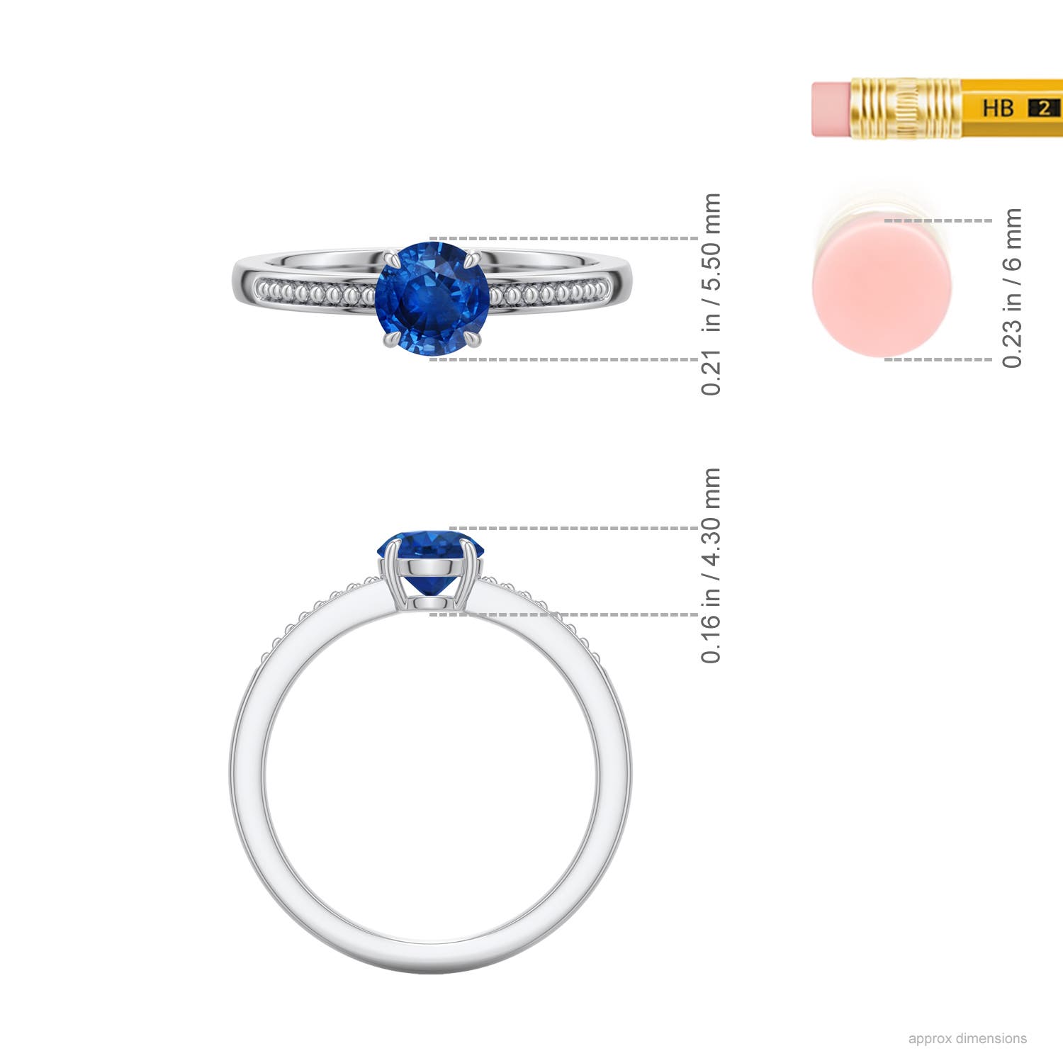 5.5mm AAA Round Blue Sapphire Milgrain Shank Engagement Ring in White Gold - ruler - ruler