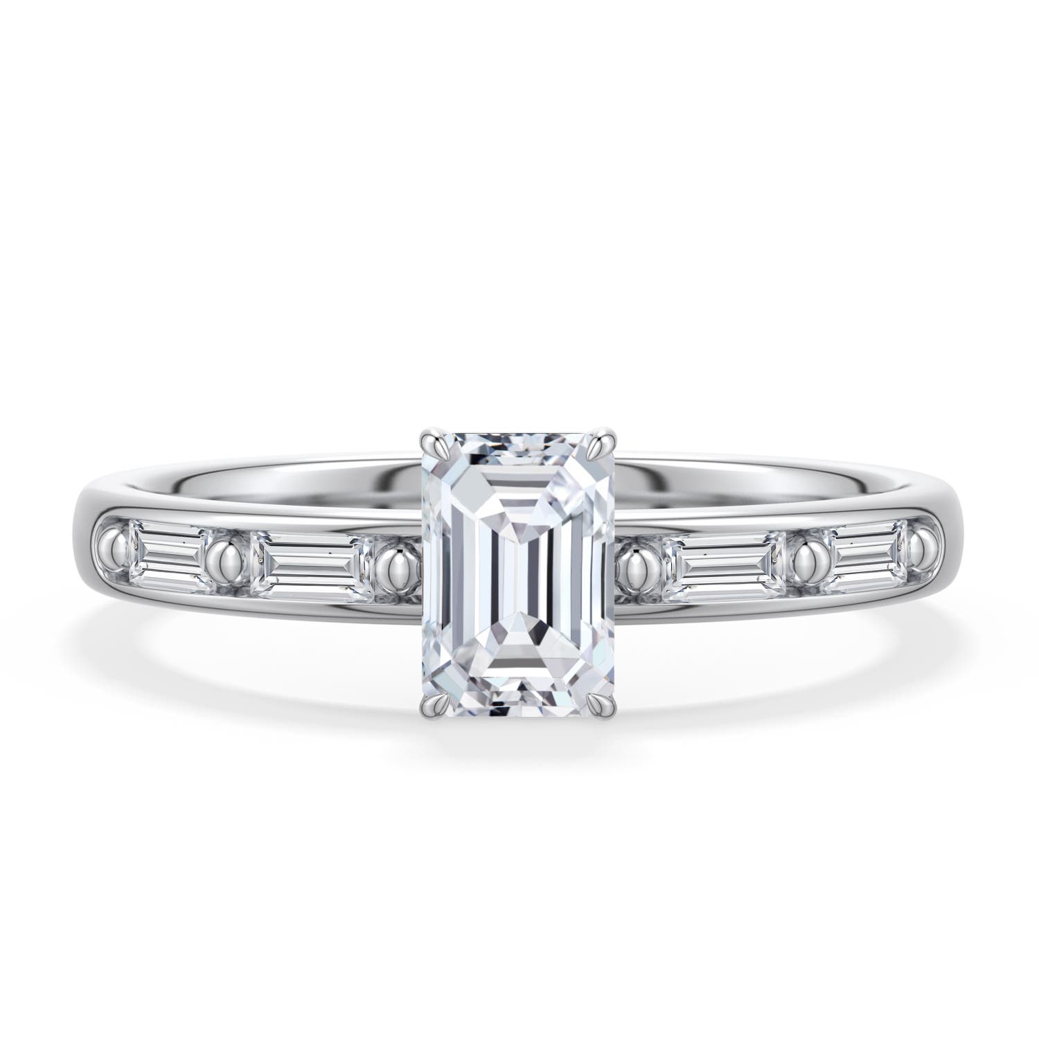 6x4mm HSI2 Emerald-Cut Diamond Engagement Ring with Baguette Accents in White Gold - main