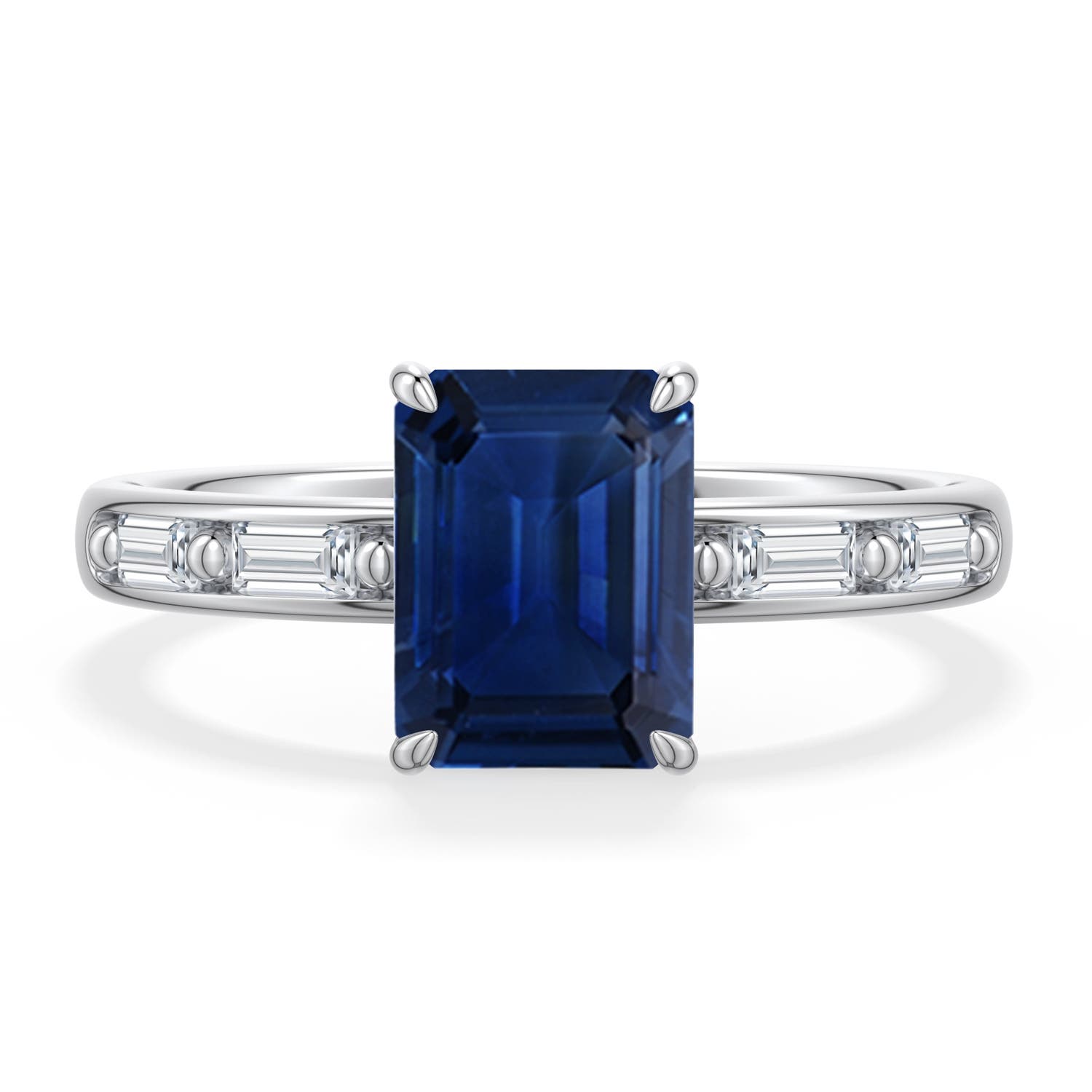 8x6mm AAA Emerald-Cut Blue Sapphire Engagement Ring with Baguette Accents in White Gold - main