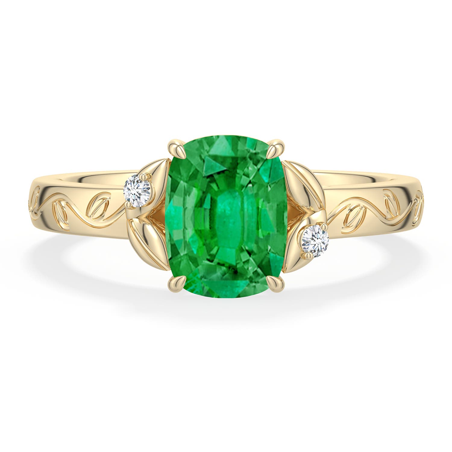 8x6mm AAA Cushion Rectangular Emerald Leaf Vine Engagement Ring in Yellow Gold - main