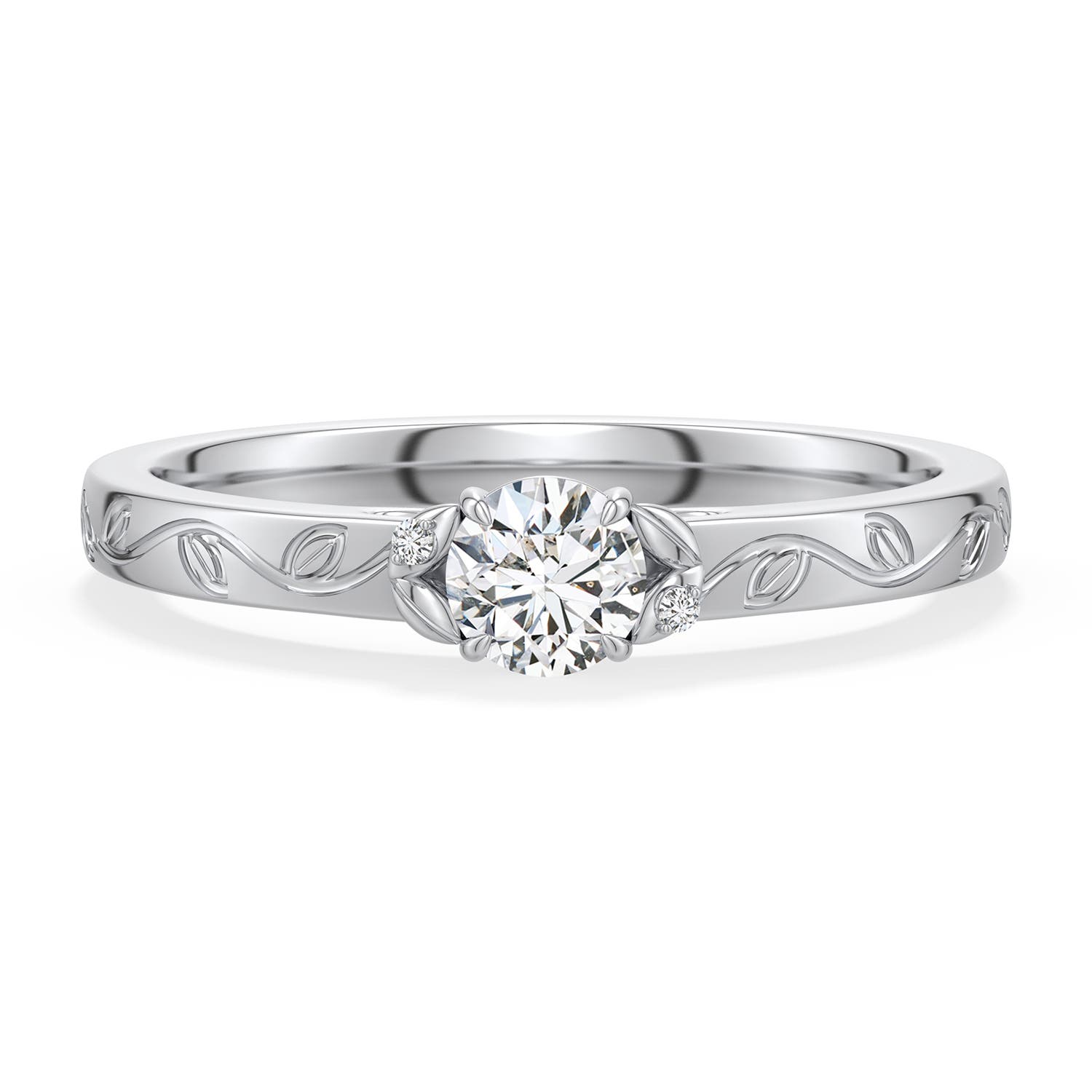 4mm HSI2 Round Diamond Leaf Vine Engagement Ring in 18K White Gold - main