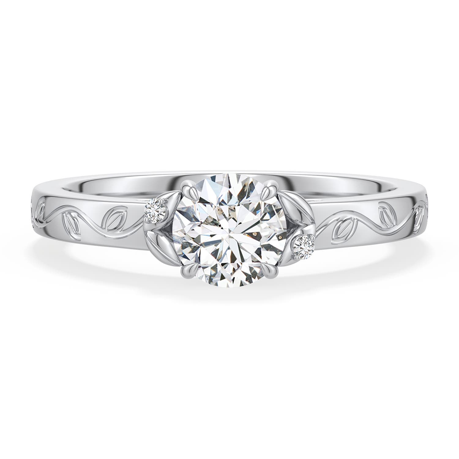 5.5mm HSI2 Round Diamond Leaf Vine Engagement Ring in 18K White Gold - main