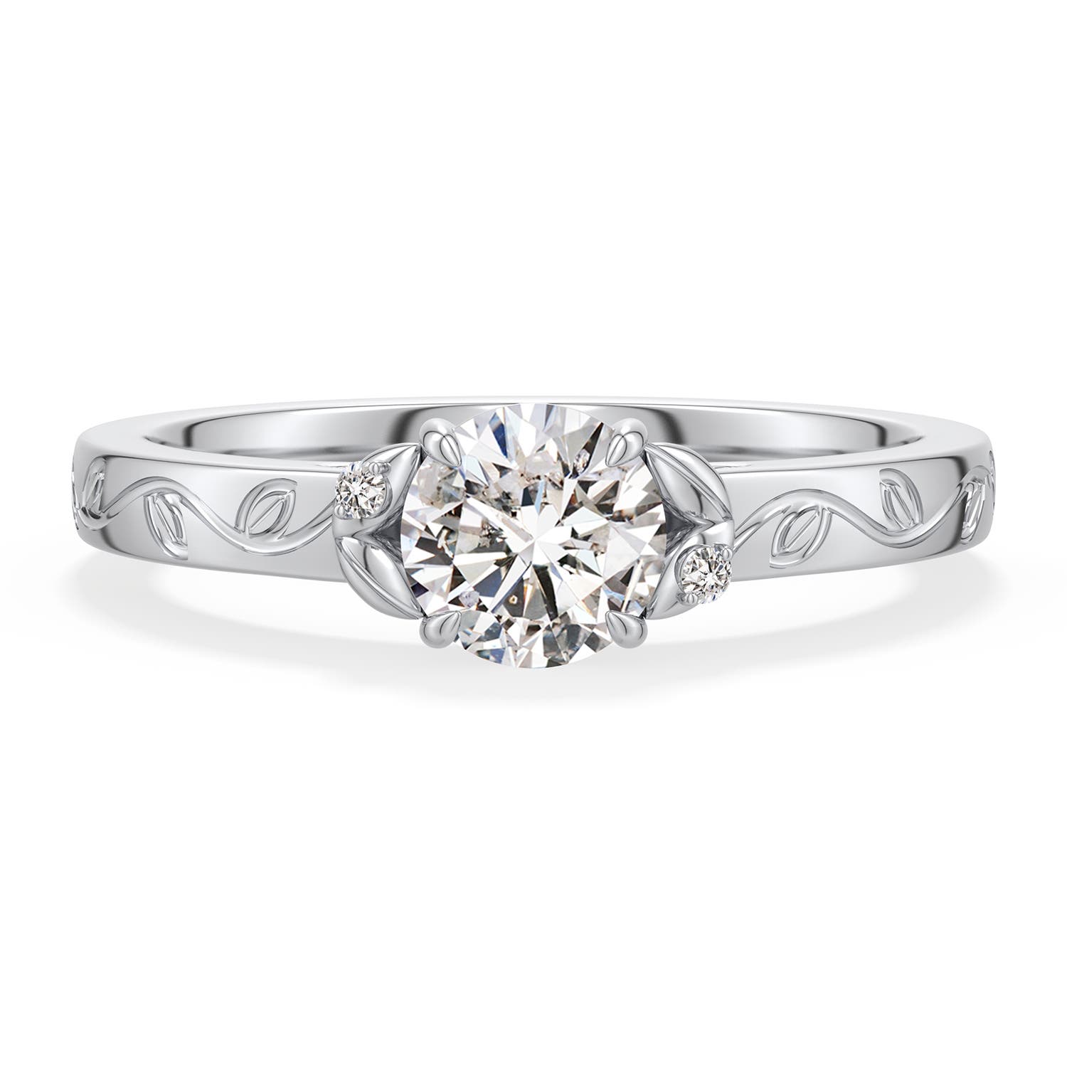 5.5mm IJI1I2 Round Diamond Leaf Vine Engagement Ring in 18K White Gold - main