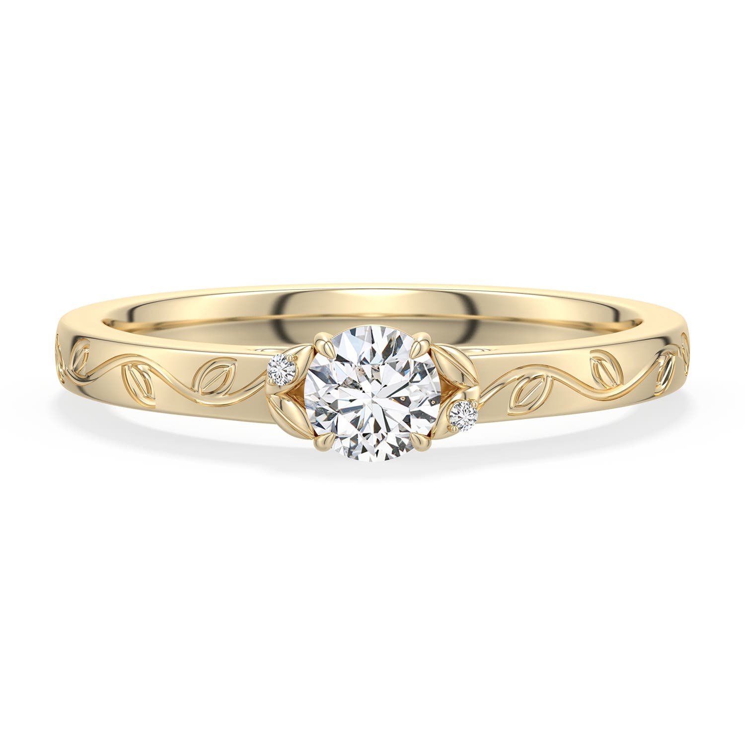 4mm HSI2 Round Diamond Leaf Vine Engagement Ring in Yellow Gold - main
