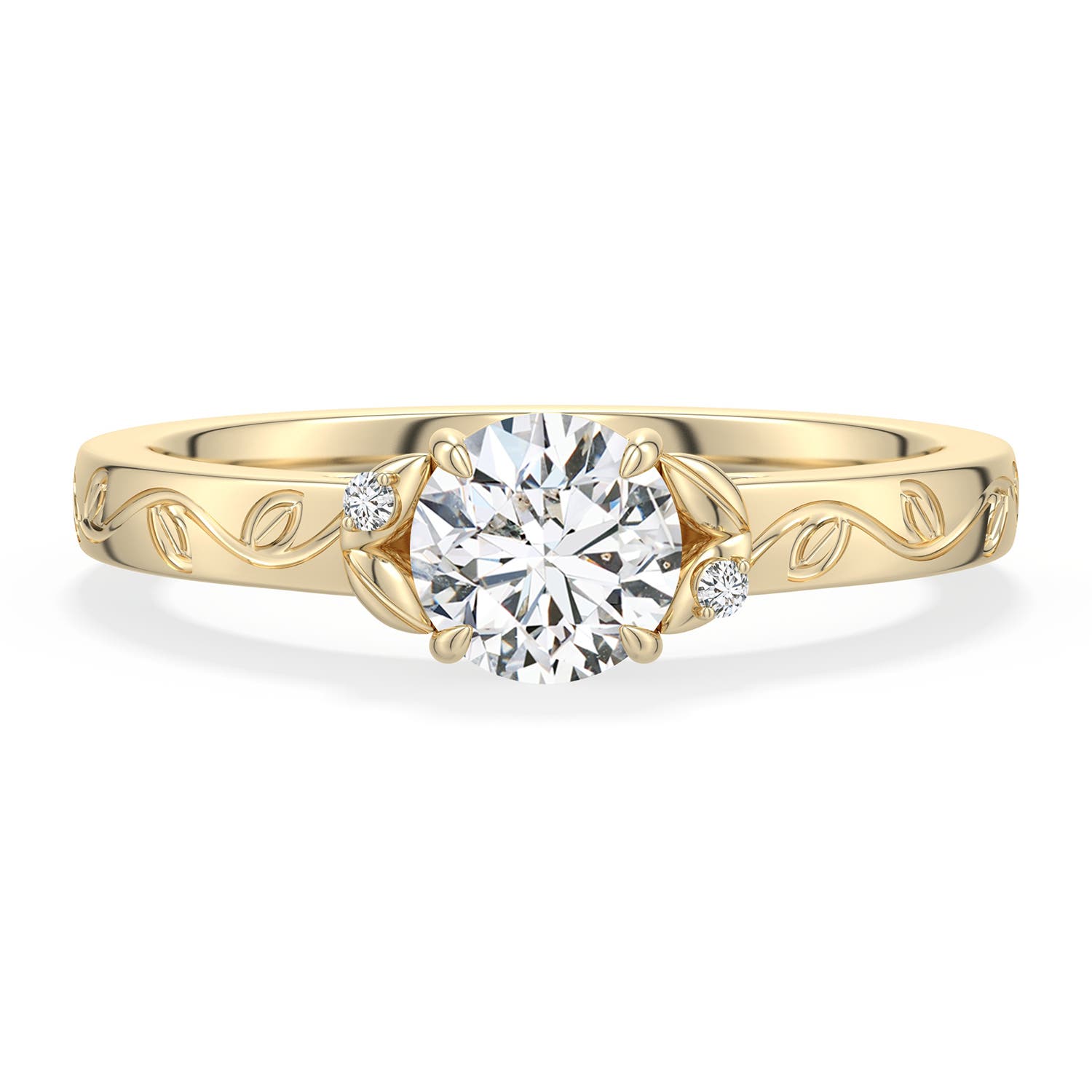 5.5mm HSI2 Round Diamond Leaf Vine Engagement Ring in Yellow Gold - main
