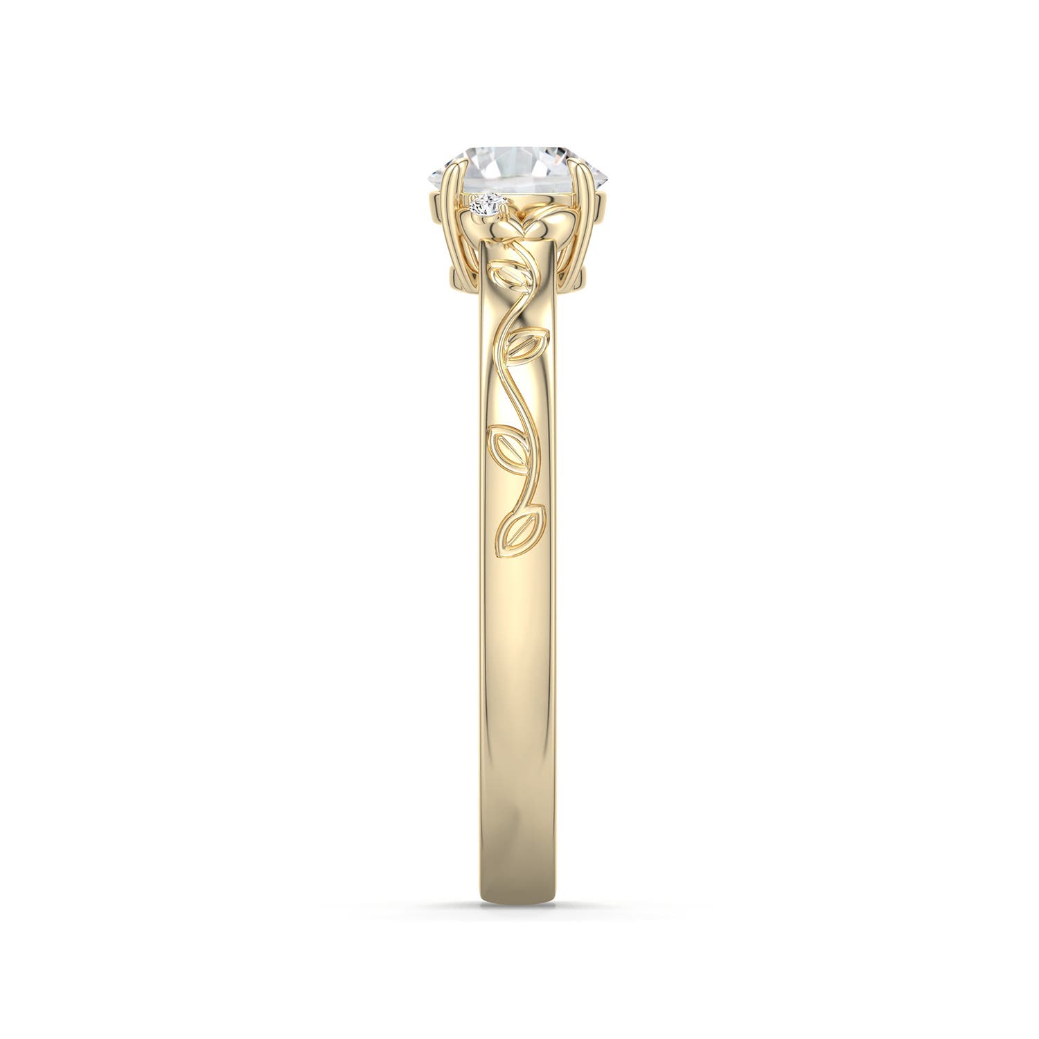 5.5mm HSI2 Round Diamond Leaf Vine Engagement Ring in Yellow Gold - side 2 - side 3