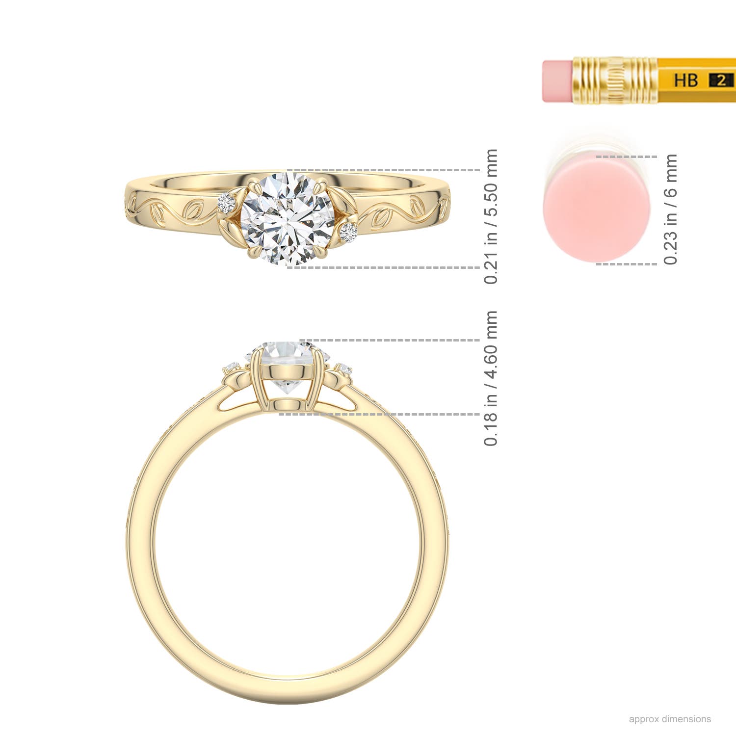 5.5mm HSI2 Round Diamond Leaf Vine Engagement Ring in Yellow Gold - ruler - ruler