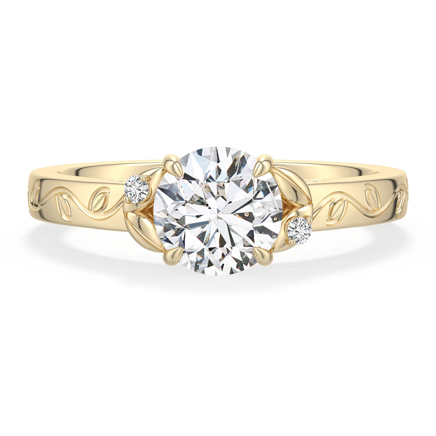 6.5mm HSI2 Round Diamond Leaf Vine Engagement Ring in Yellow Gold - main