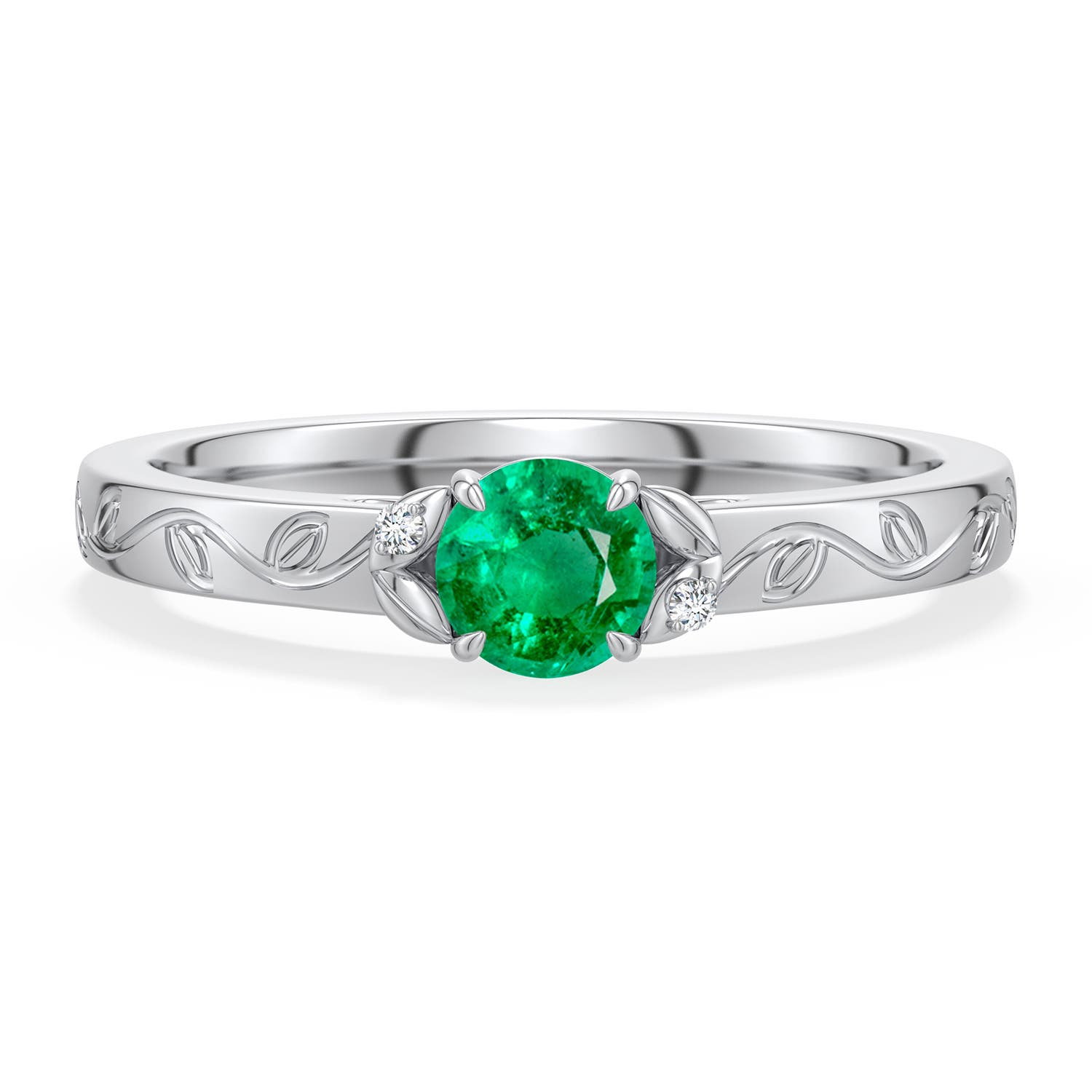 4.5mm AAA Round Emerald Leaf Vine Engagement Ring in White Gold - main