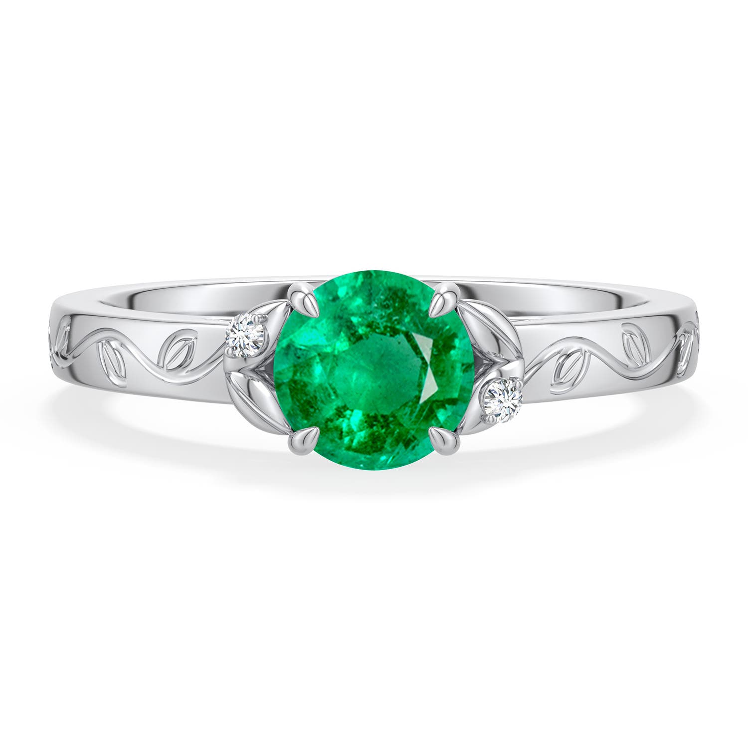 6mm AAA Round Emerald Leaf Vine Engagement Ring in White Gold - main