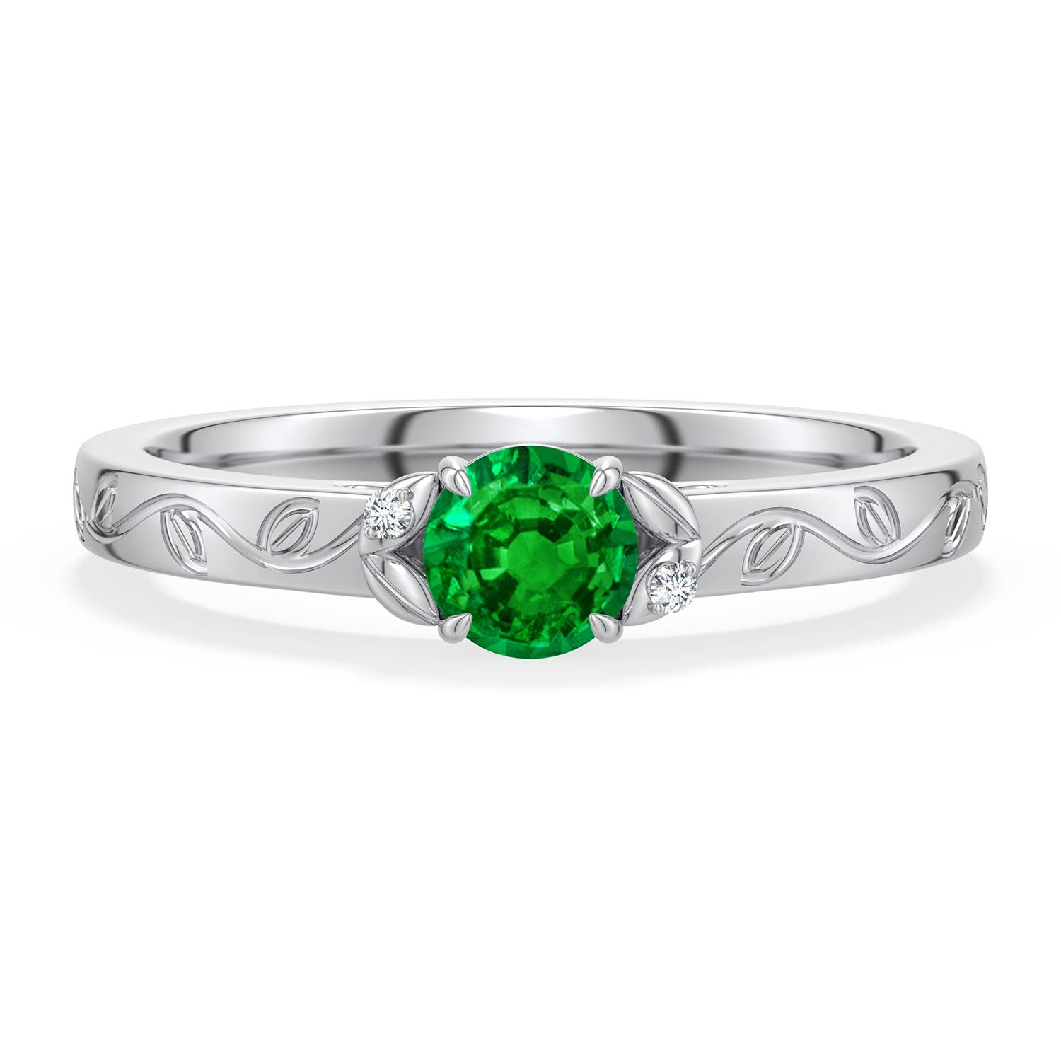 4.5mm AAAA Round Emerald Leaf Vine Engagement Ring in White Gold - main