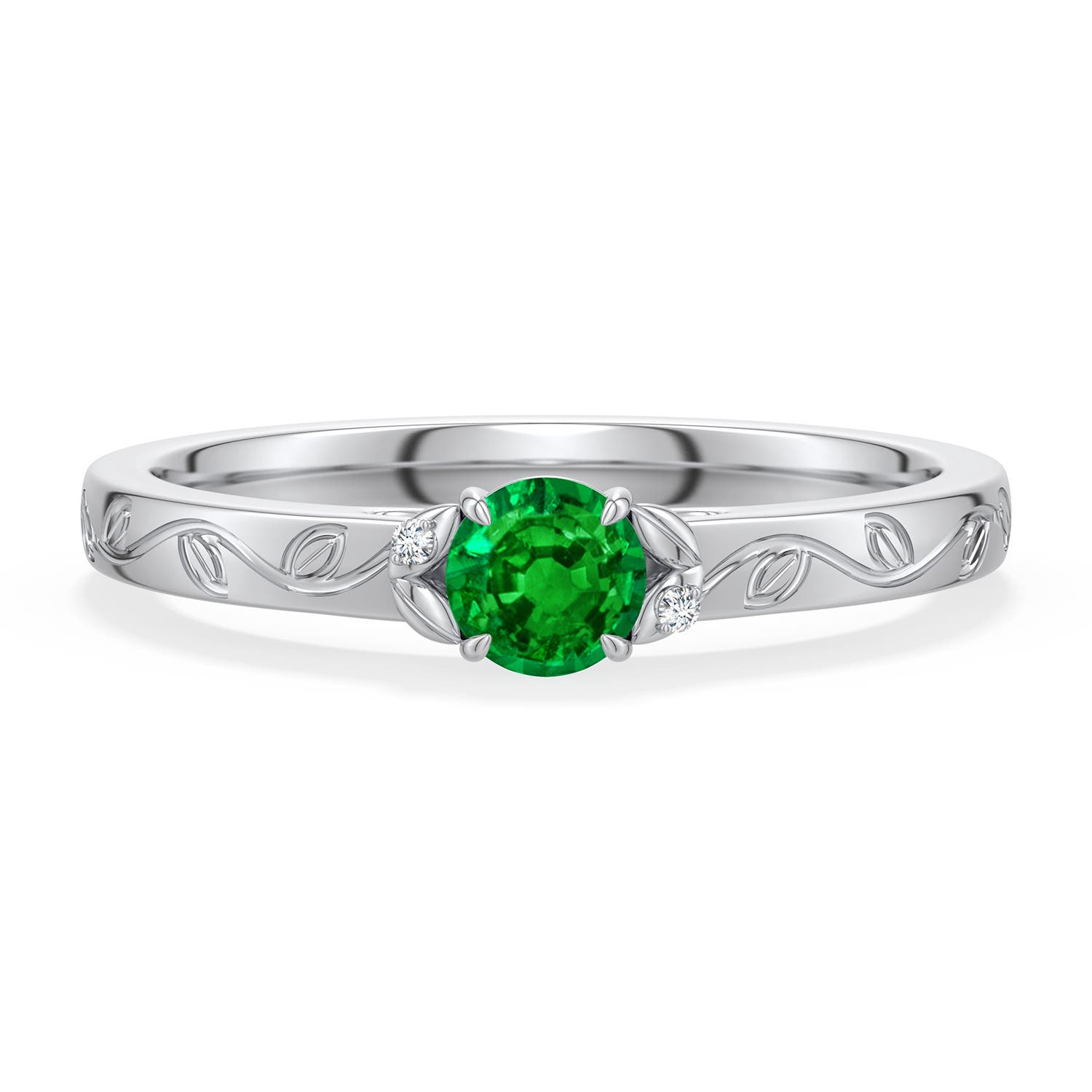 4mm AAAA Round Emerald Leaf Vine Engagement Ring in White Gold - main
