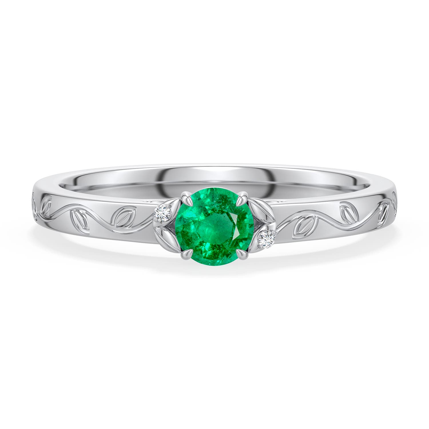 4mm AAA Round Emerald Leaf Vine Engagement Ring in 18K White Gold - main