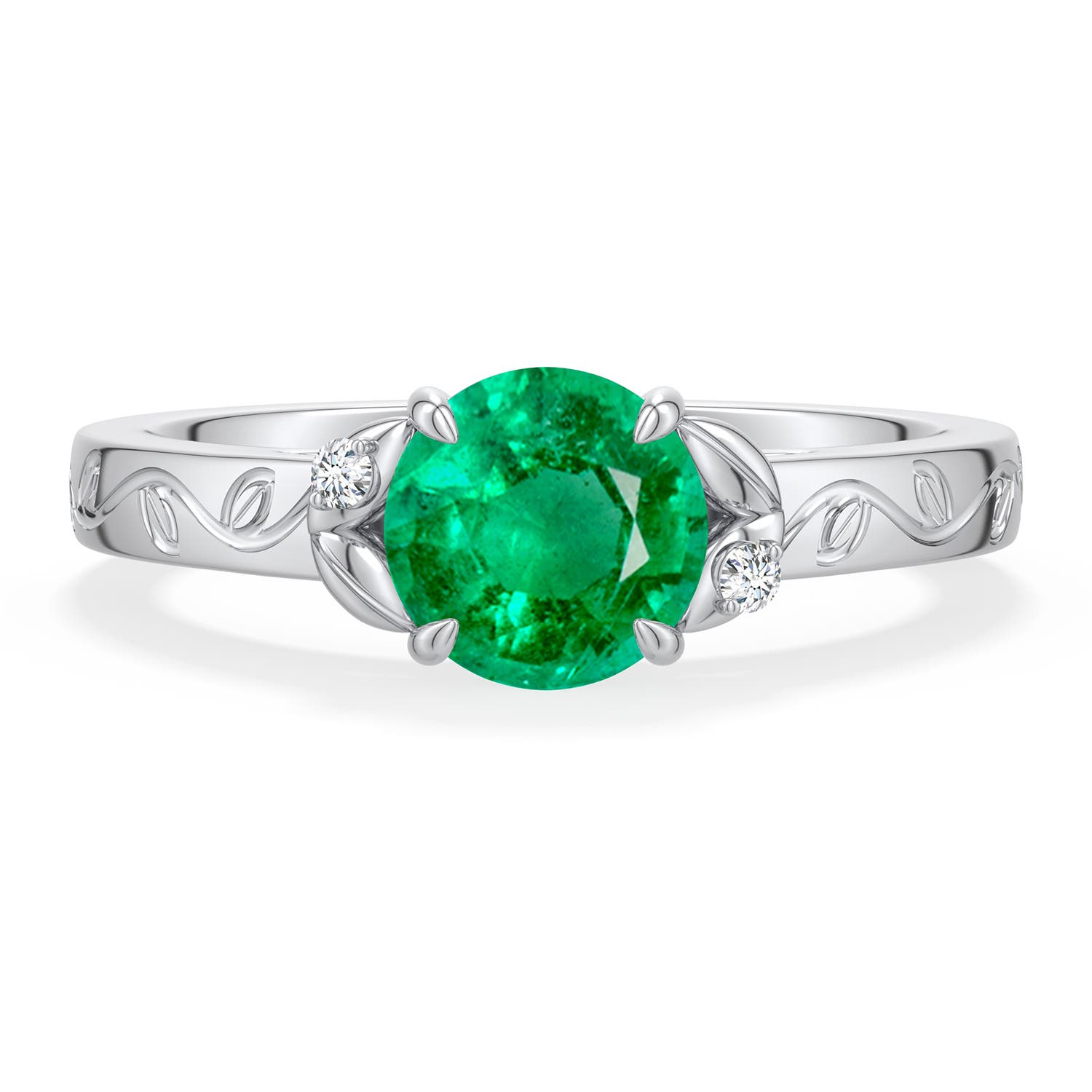 6.5mm AAA Round Emerald Leaf Vine Engagement Ring in 18K White Gold - main
