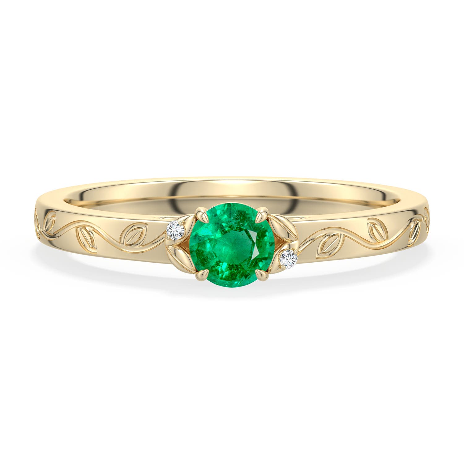 4mm AAA Round Emerald Leaf Vine Engagement Ring in Yellow Gold - main