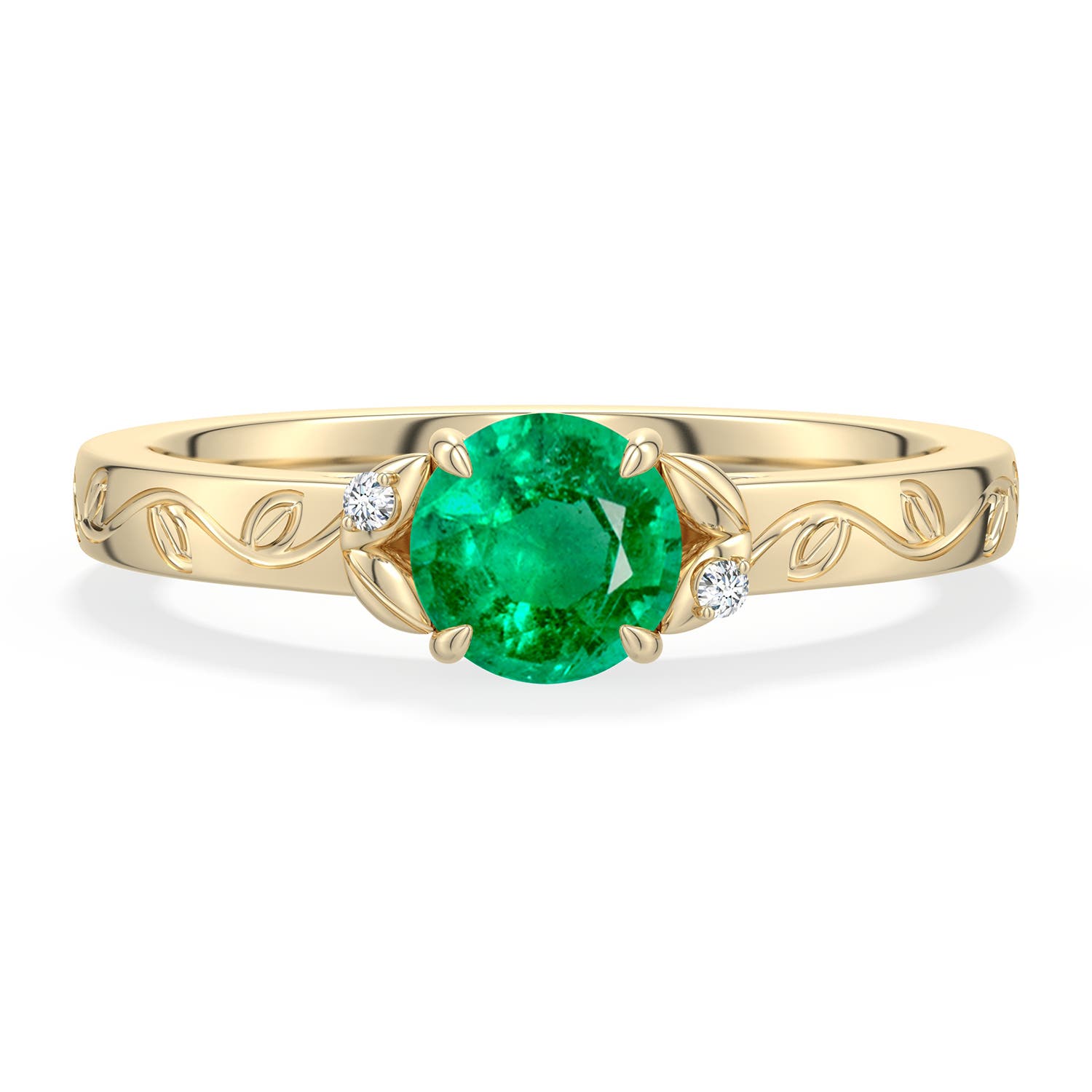 5.5mm AAA Round Emerald Leaf Vine Engagement Ring in Yellow Gold - main