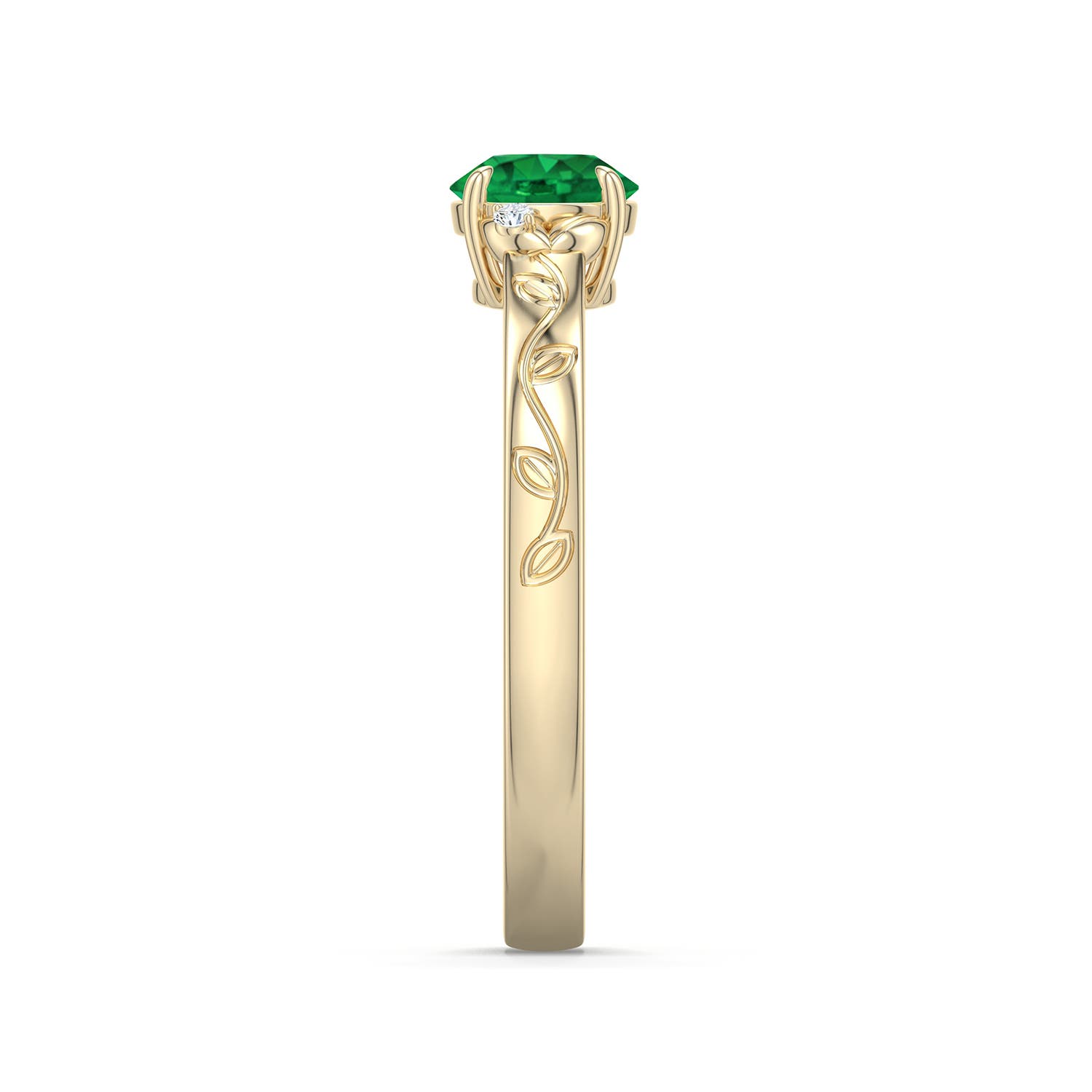 5.5mm AAA Round Emerald Leaf Vine Engagement Ring in Yellow Gold - side 2 - side 3