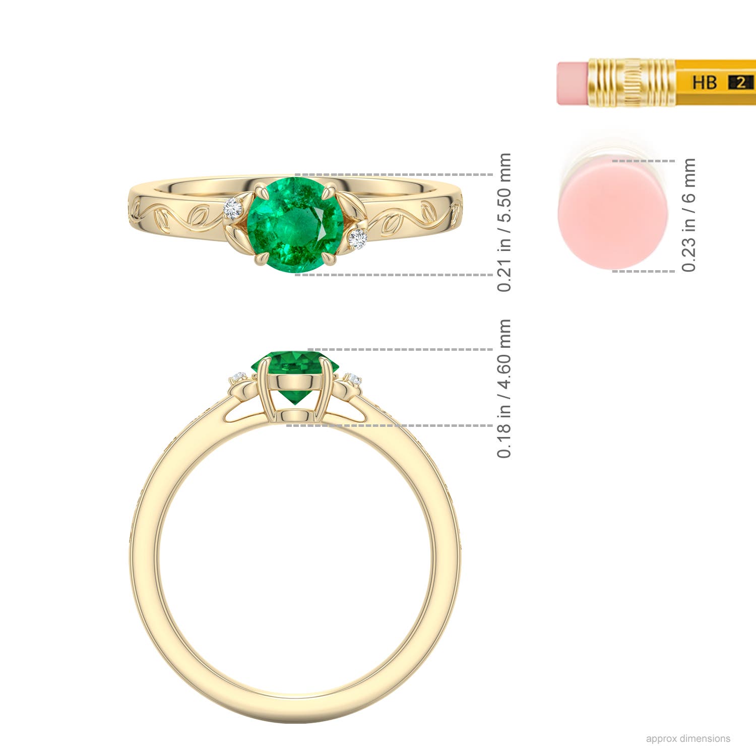 5.5mm AAA Round Emerald Leaf Vine Engagement Ring in Yellow Gold - ruler - ruler
