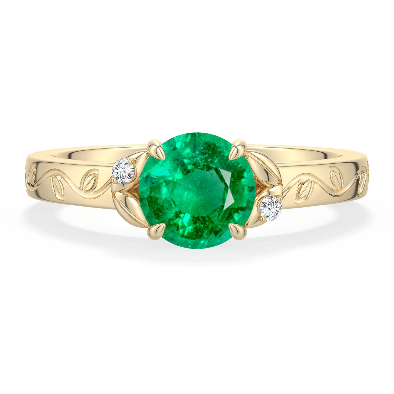 6.5mm AAA Round Emerald Leaf Vine Engagement Ring in Yellow Gold - main