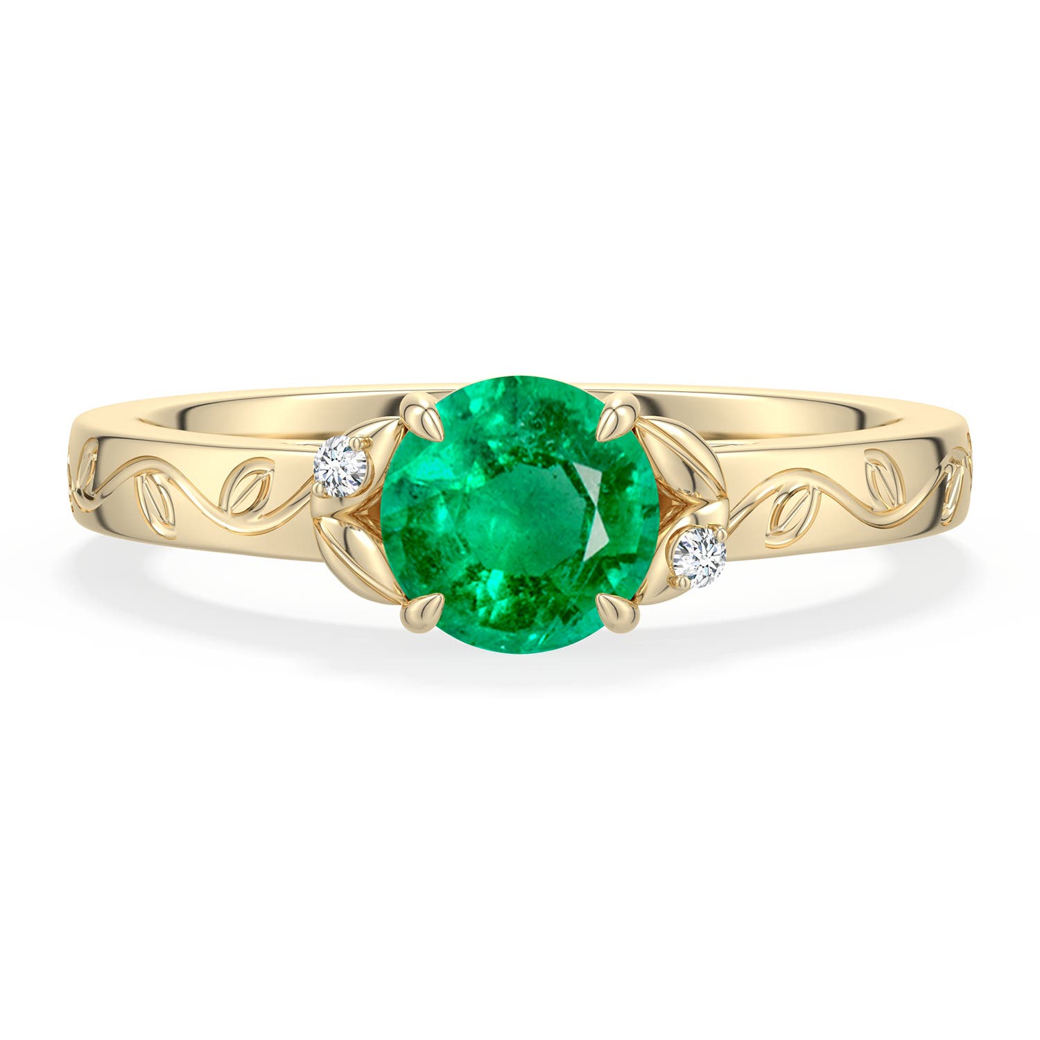 6mm AAA Round Emerald Leaf Vine Engagement Ring in Yellow Gold - main
