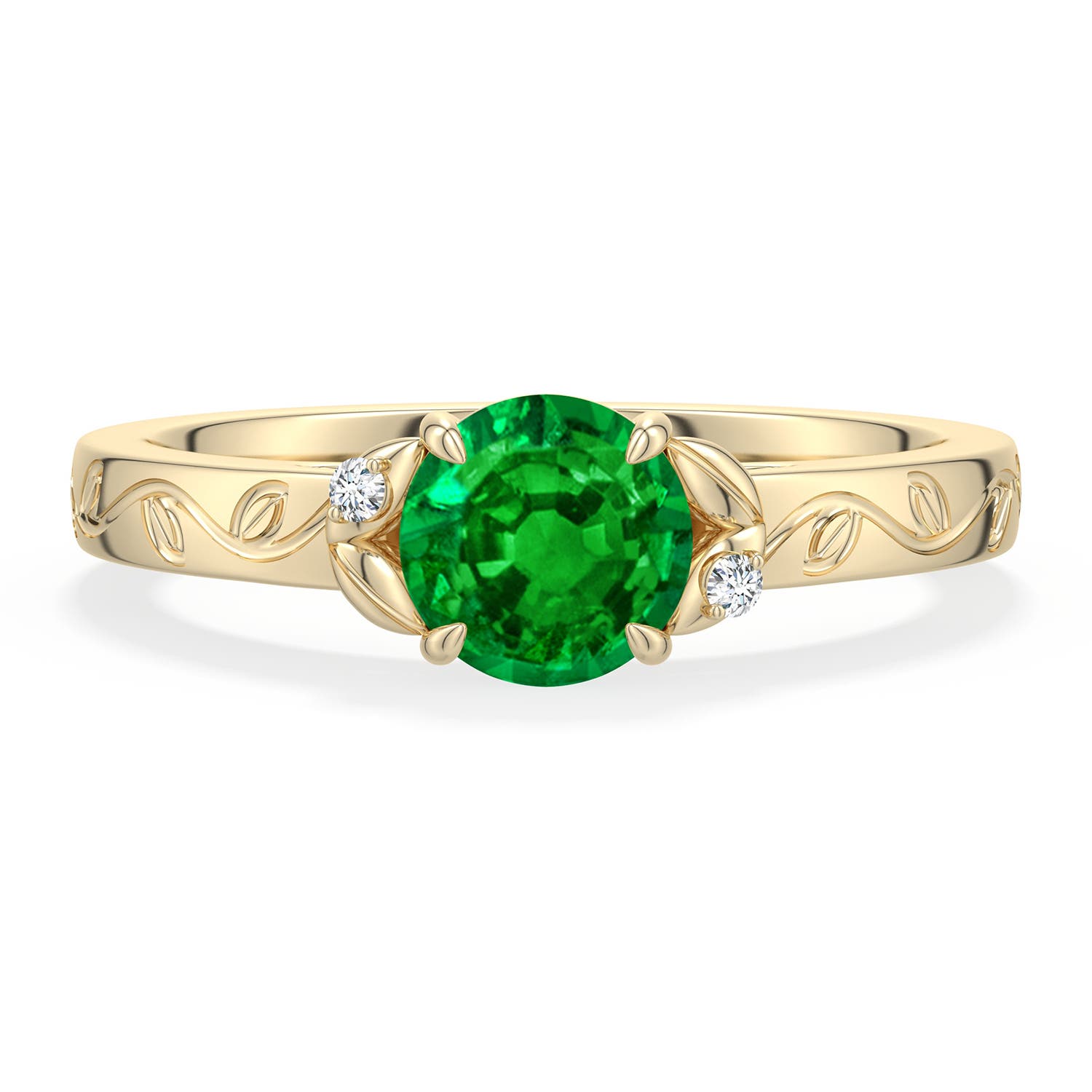 6mm AAAA Round Emerald Leaf Vine Engagement Ring in Yellow Gold - main