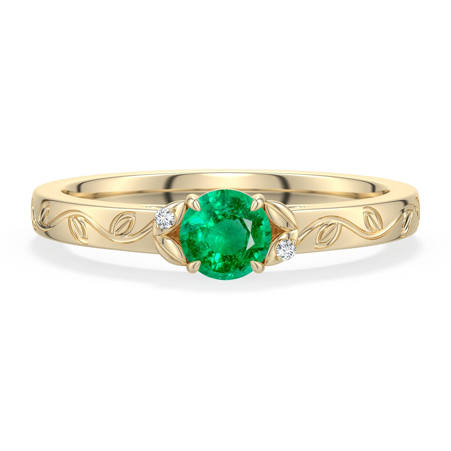 4.5mm AAA Round Emerald Leaf Vine Engagement Ring in 18K Yellow Gold - main