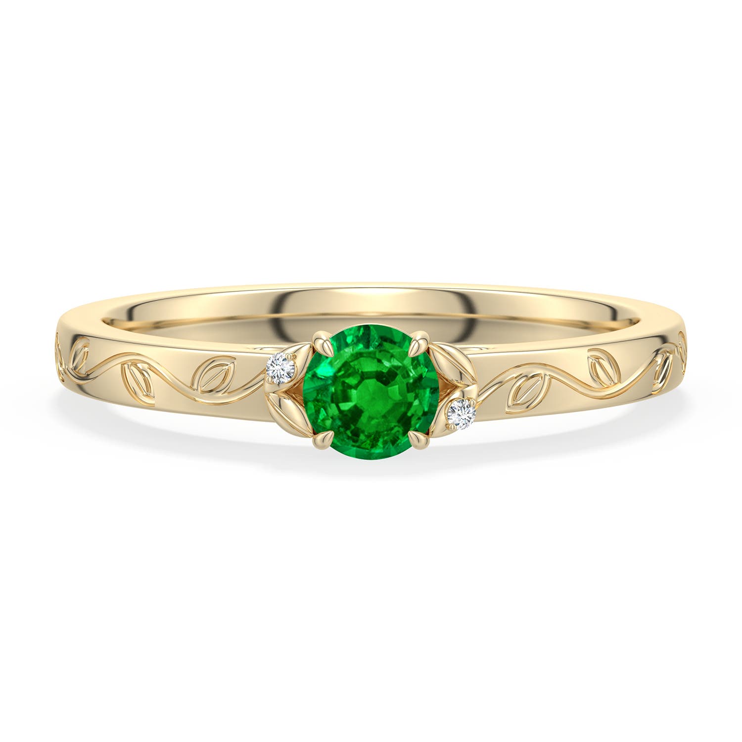 4mm AAAA Round Emerald Leaf Vine Engagement Ring in 18K Yellow Gold - main