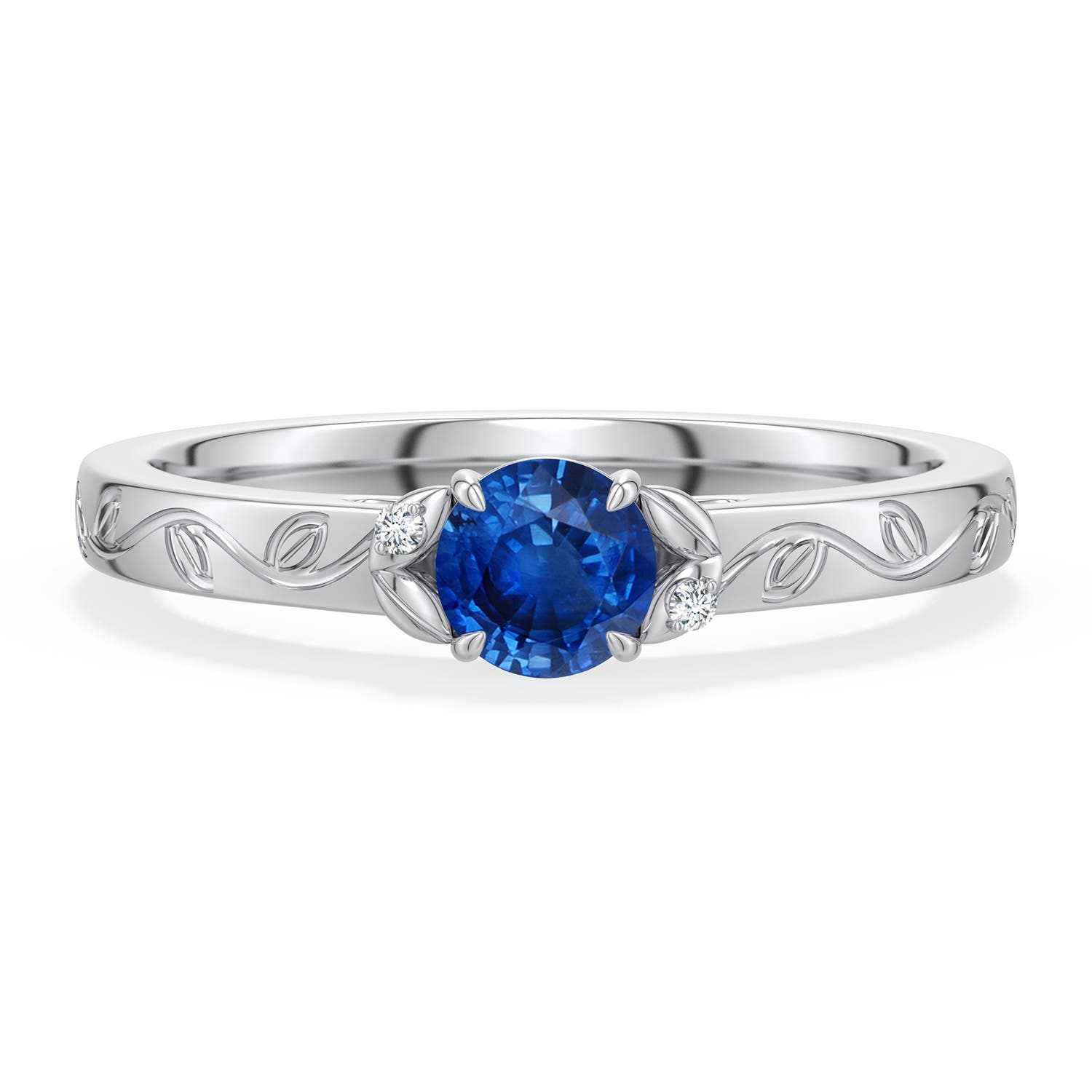 4.5mm AAA Round Blue Sapphire Leaf Vine Engagement Ring in White Gold - main