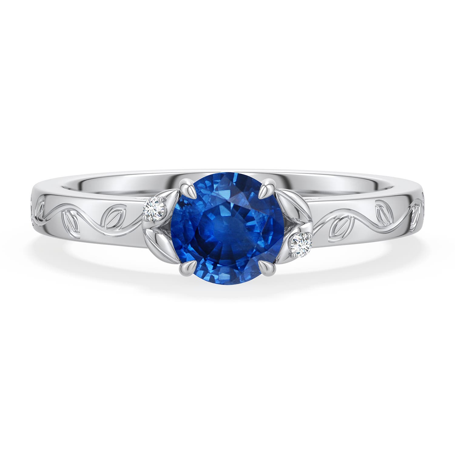 5.5mm AAA Round Blue Sapphire Leaf Vine Engagement Ring in White Gold - main