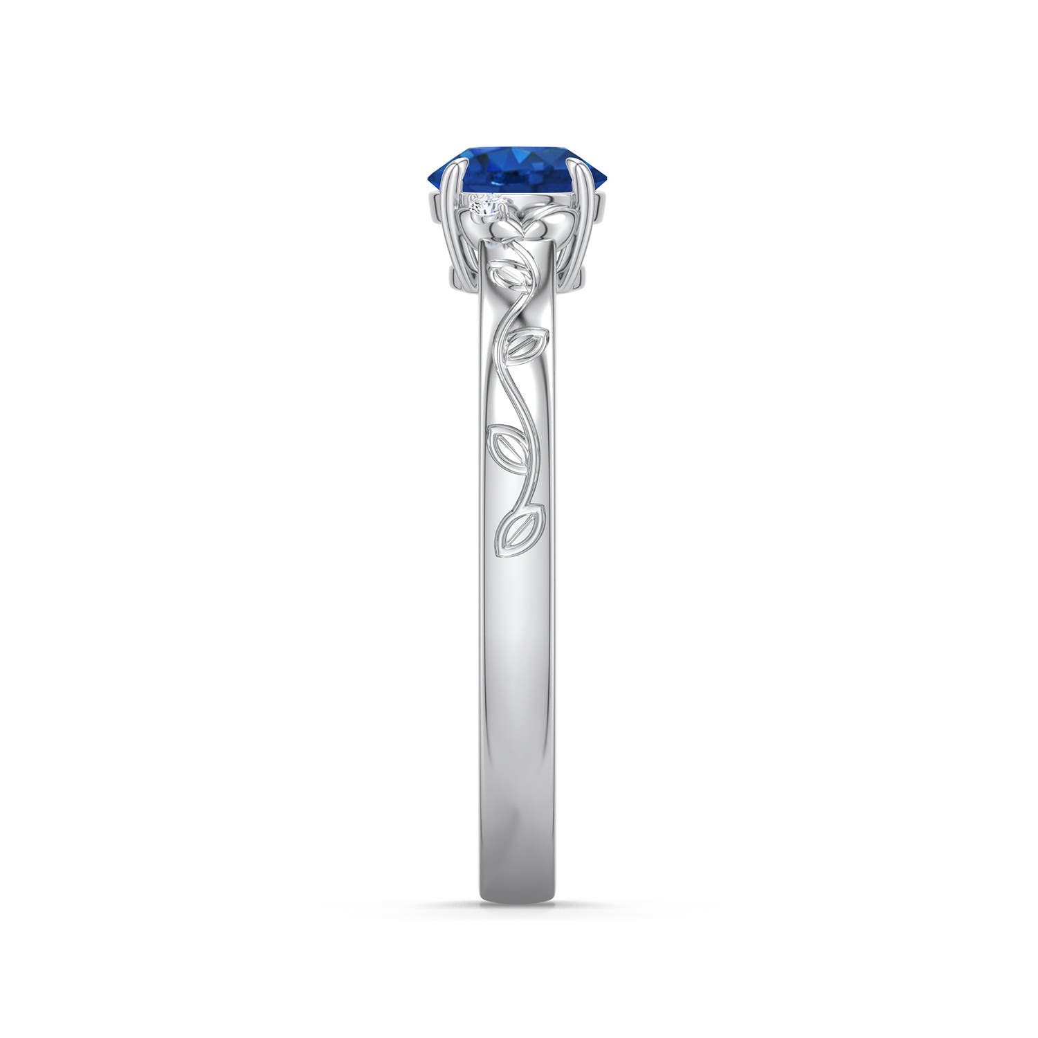 5.5mm AAA Round Blue Sapphire Leaf Vine Engagement Ring in White Gold - side 2 - side 3