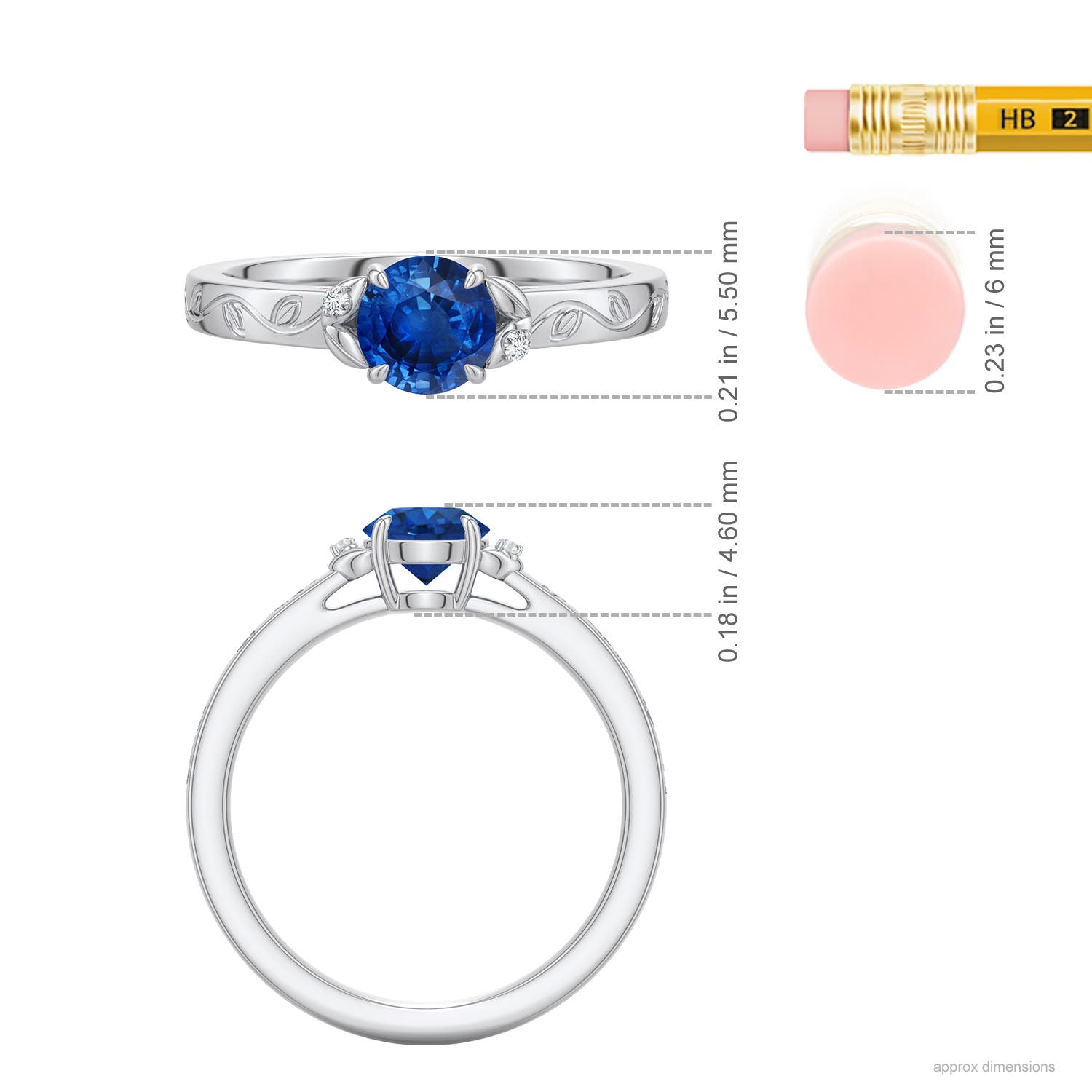 5.5mm AAA Round Blue Sapphire Leaf Vine Engagement Ring in White Gold - ruler - ruler