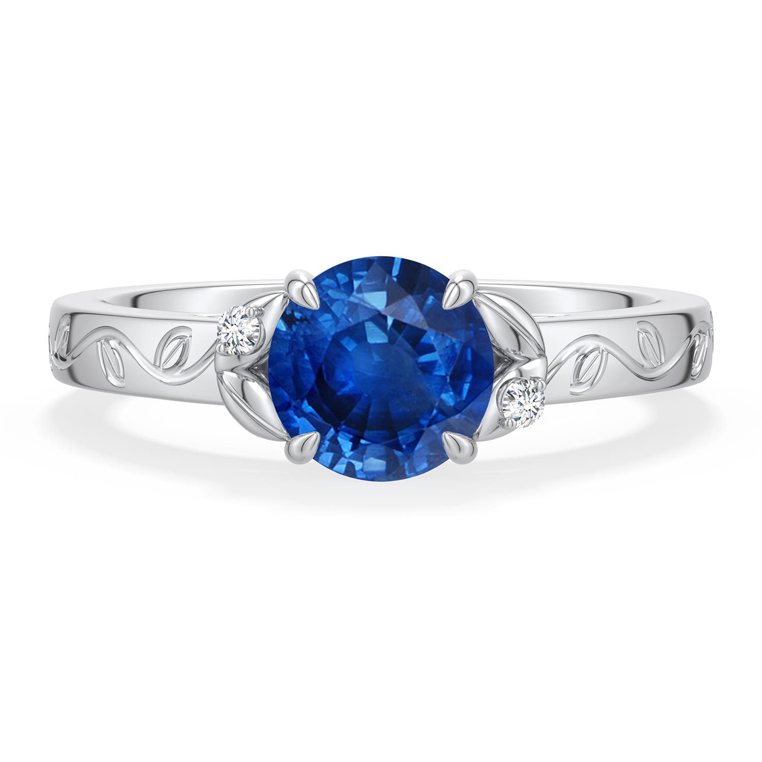6.5mm AAA Round Blue Sapphire Leaf Vine Engagement Ring in White Gold - main