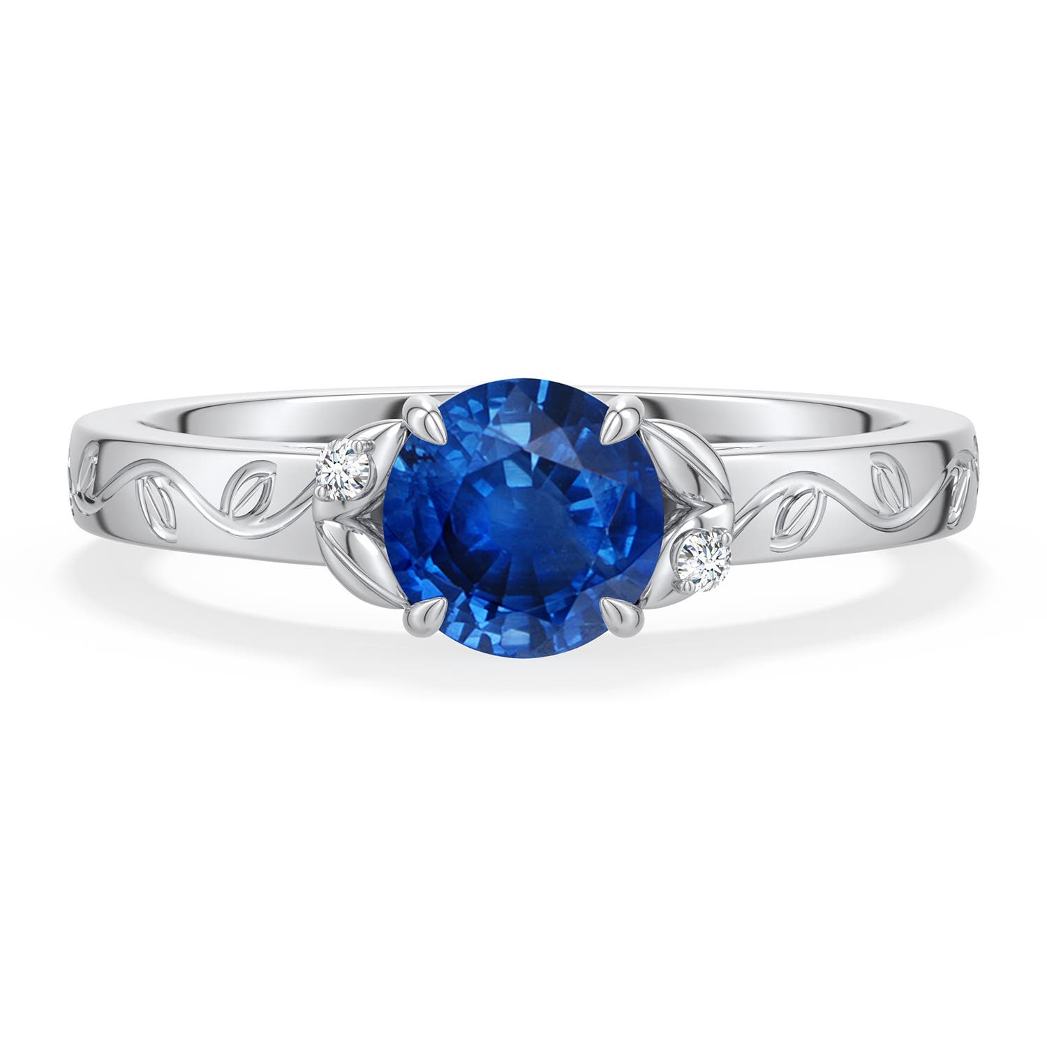 6mm AAA Round Blue Sapphire Leaf Vine Engagement Ring in White Gold - main