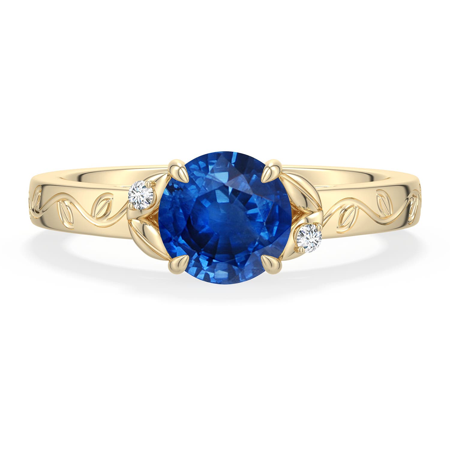 6.5mm AAA Round Blue Sapphire Leaf Vine Engagement Ring in Yellow Gold - main