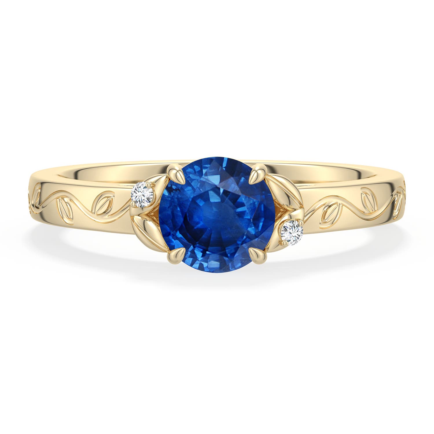 6mm AAA Round Blue Sapphire Leaf Vine Engagement Ring in Yellow Gold - main