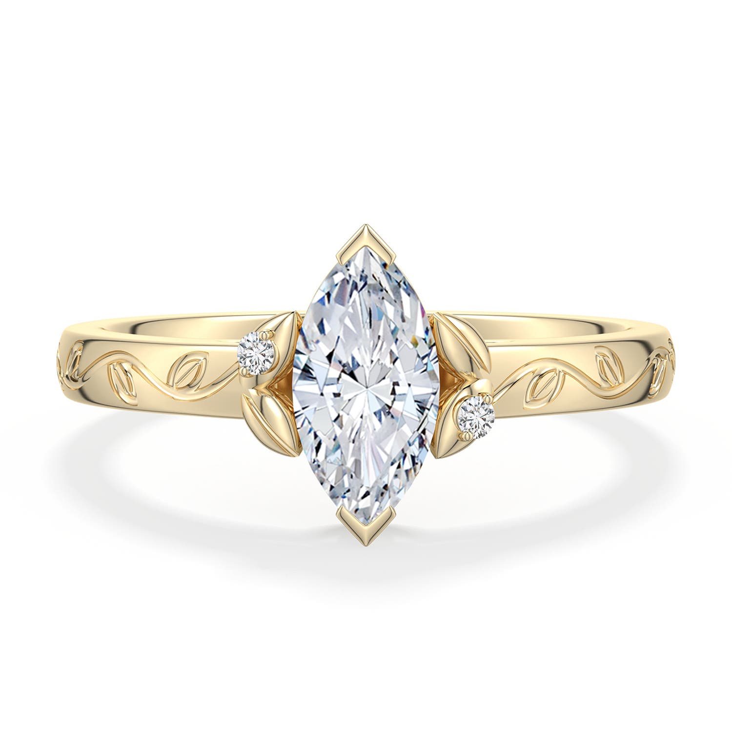 9x4.5mm HSI2 Marquise Diamond Leaf Vine Engagement Ring in Yellow Gold - main