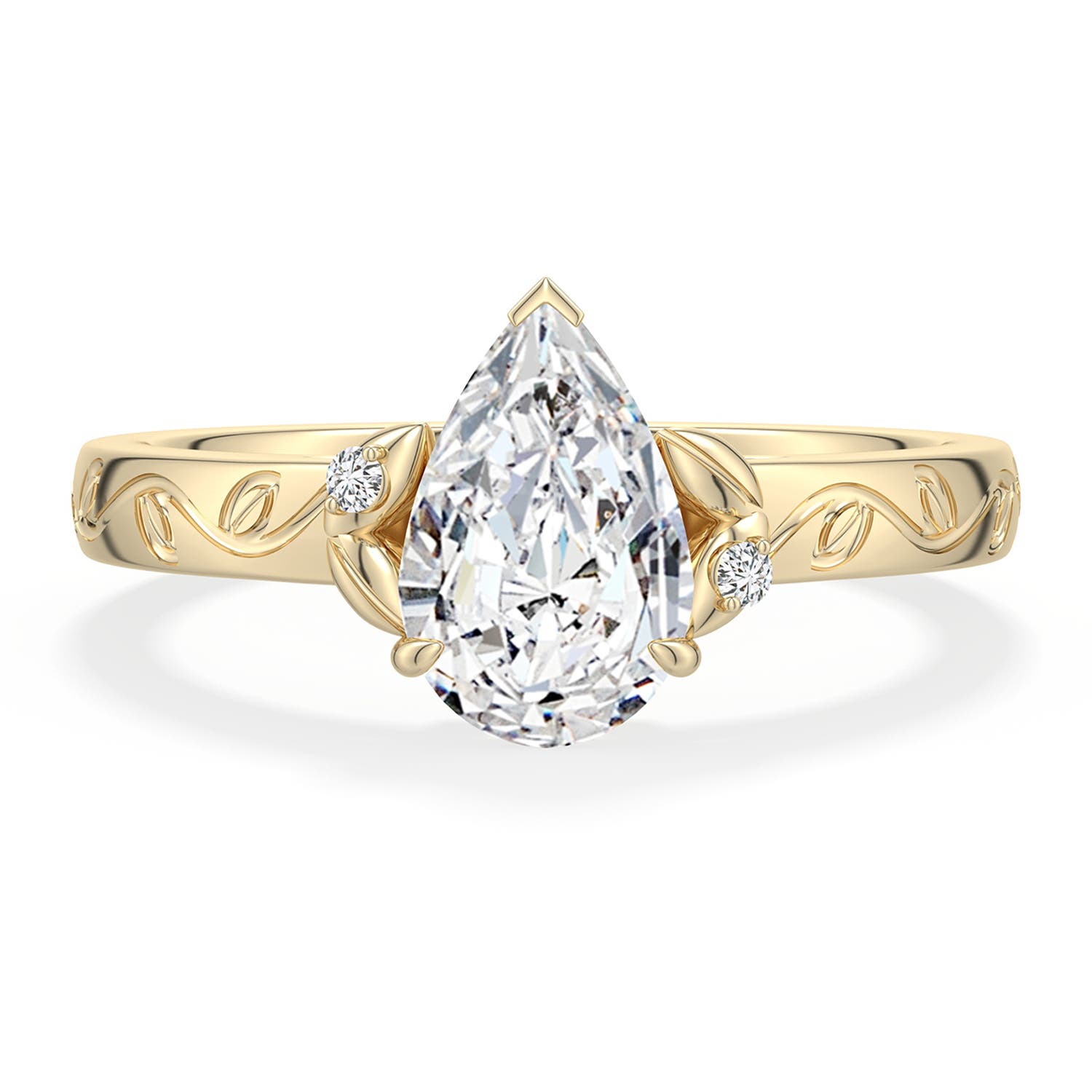 9.5x6mm HSI2 Pear-Shaped Diamond Leaf Vine Engagement Ring in Yellow Gold - main