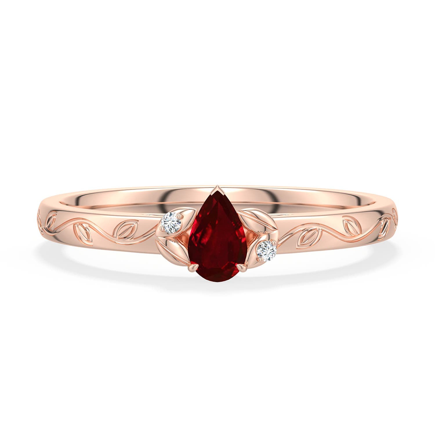 5x3mm AAAA Pear-Shaped Ruby Leaf Vine Engagement Ring in Rose Gold - main