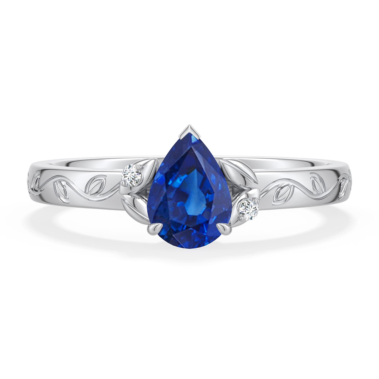 7x5mm AAA Pear-Shaped Blue Sapphire Leaf Vine Engagement Ring in 18K White Gold - main