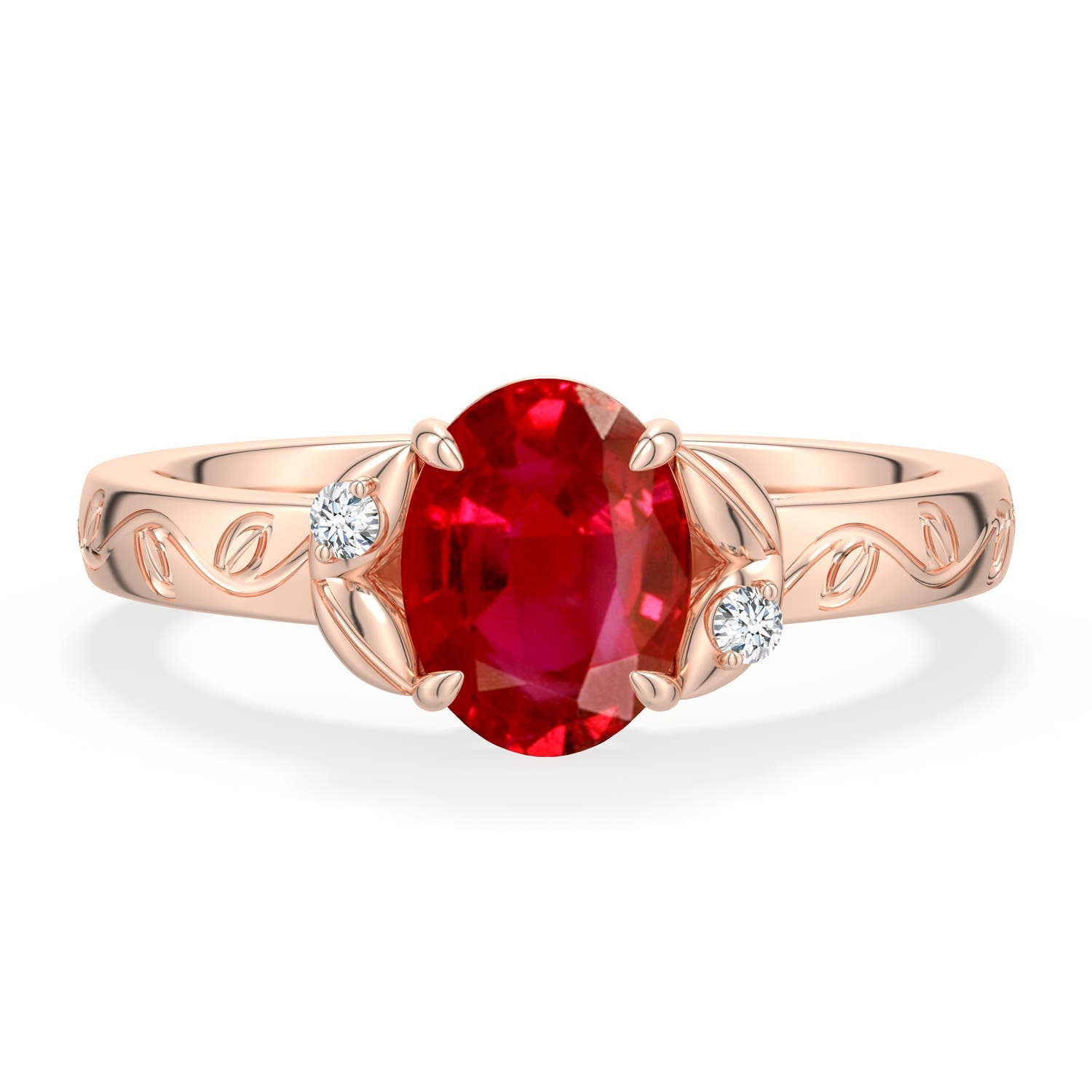 8x6mm AAA Oval Ruby Leaf Vine Engagement Ring in Rose Gold - main